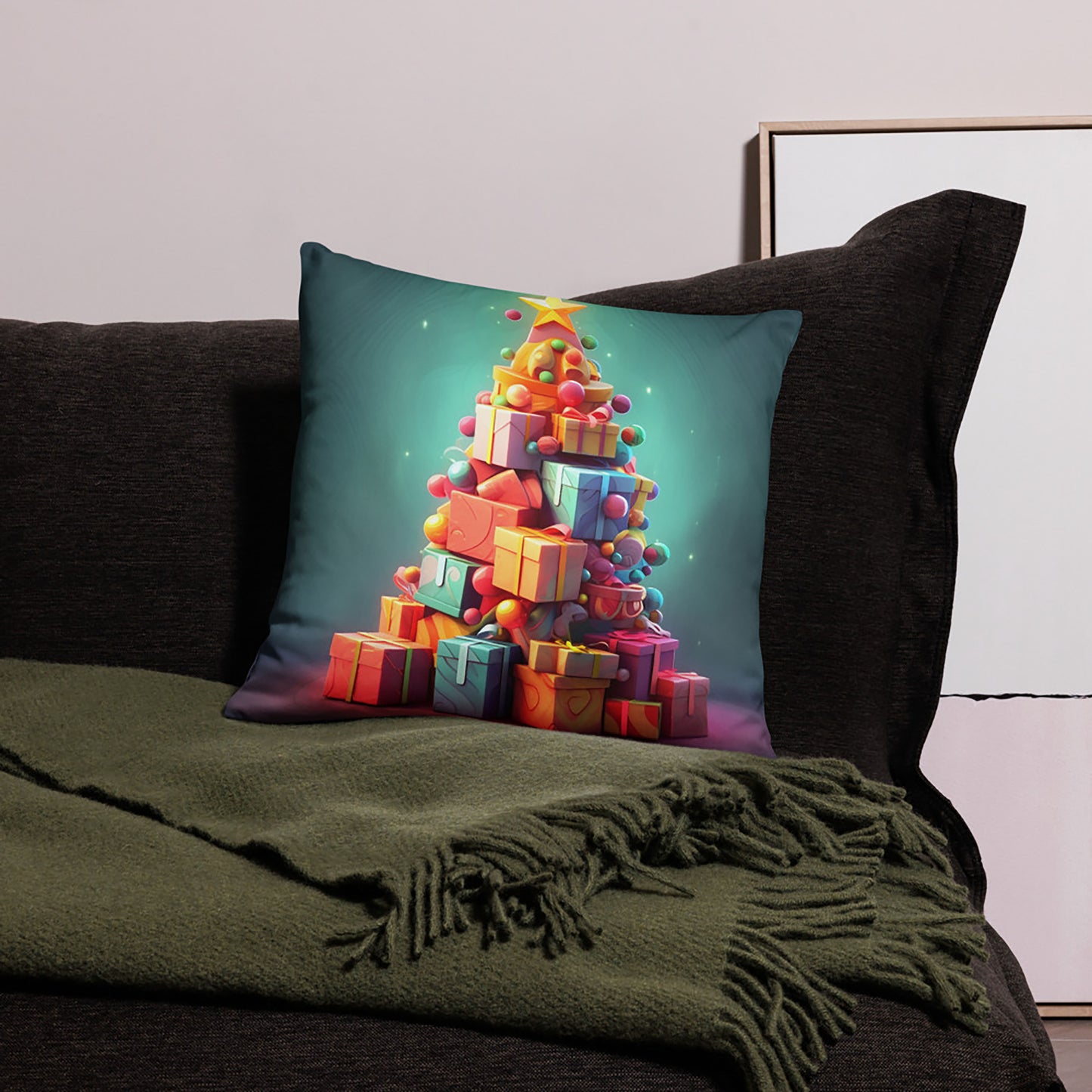 Christmas Throw Pillow Festive Gift Tower Plush Polyester Decorative Cushion 18x18