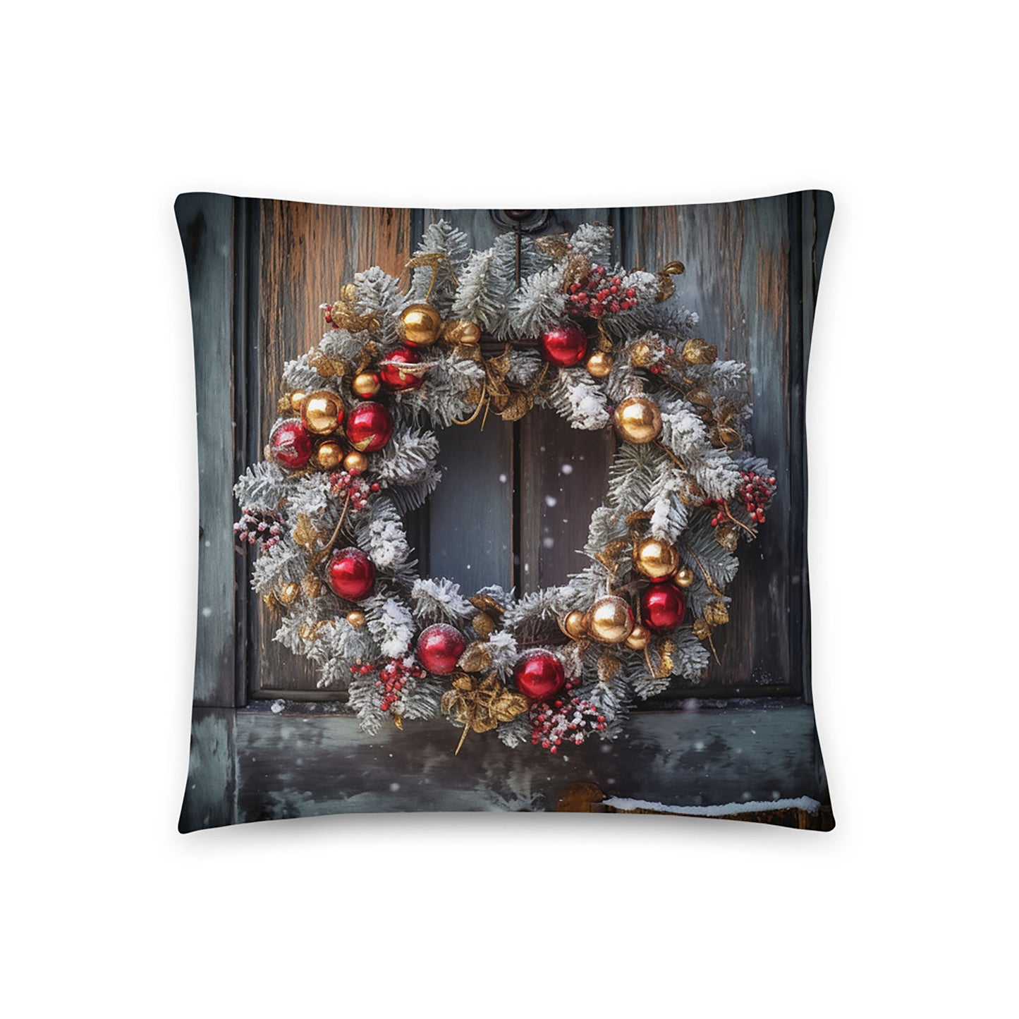 Christmas Throw Pillow Snowy Wreath Polyester Decorative Cushion 18x18
