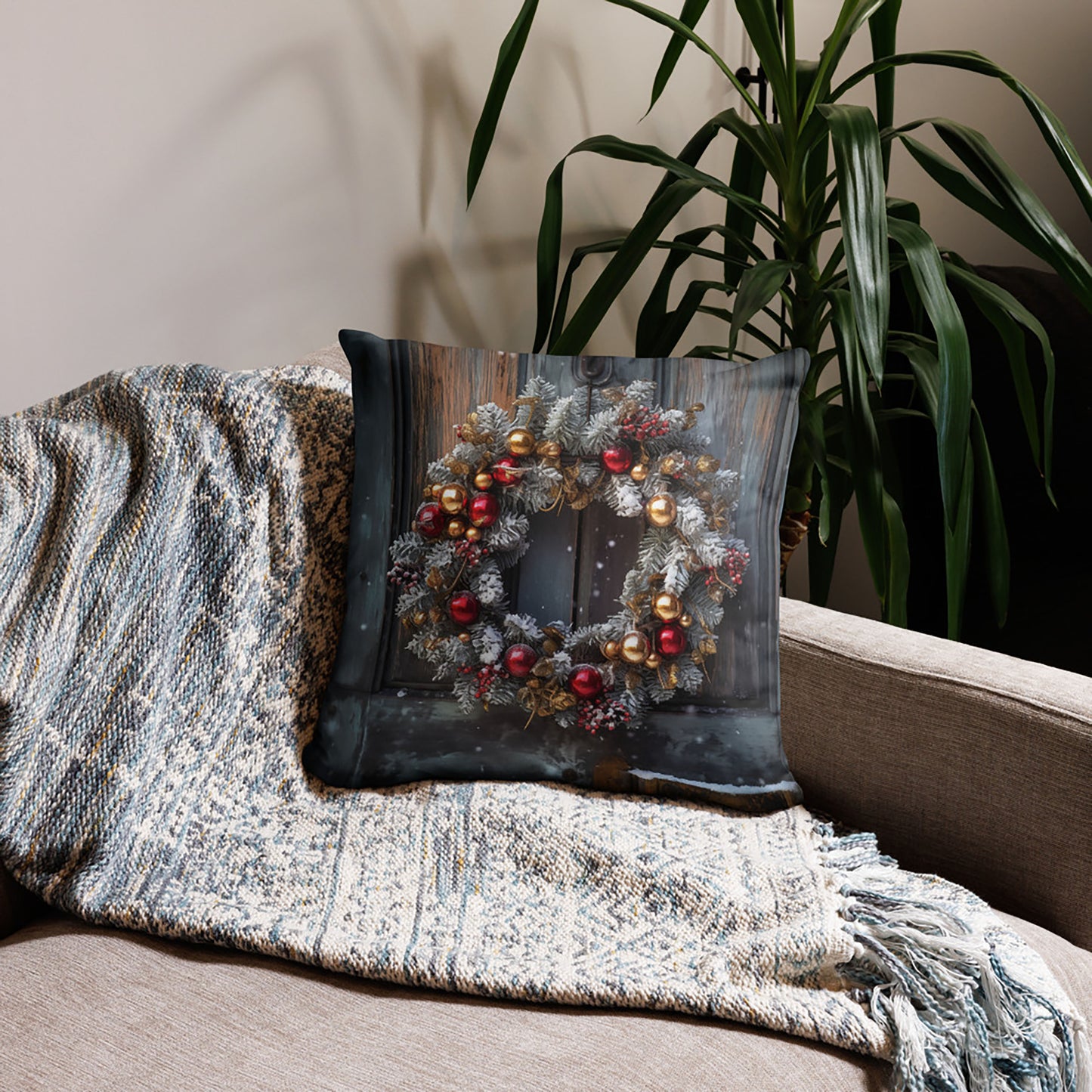 Christmas Throw Pillow Snowy Wreath Polyester Decorative Cushion 18x18