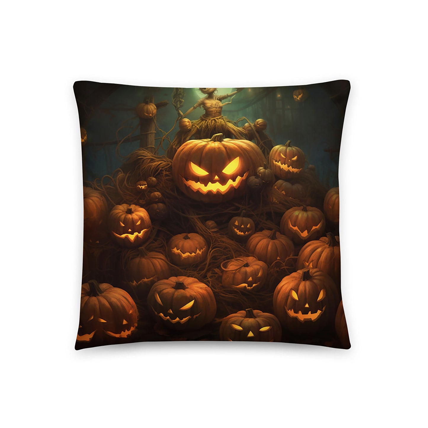 Halloween Throw Pillow Pumpkin Pile in Enchanted Forest Polyester Decorative Cushion 18x18