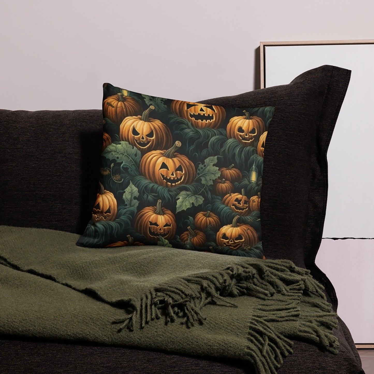 Halloween Throw Pillow Enchanted Twilight Pumpkin Foliage Polyester Decorative Cushion 18x18