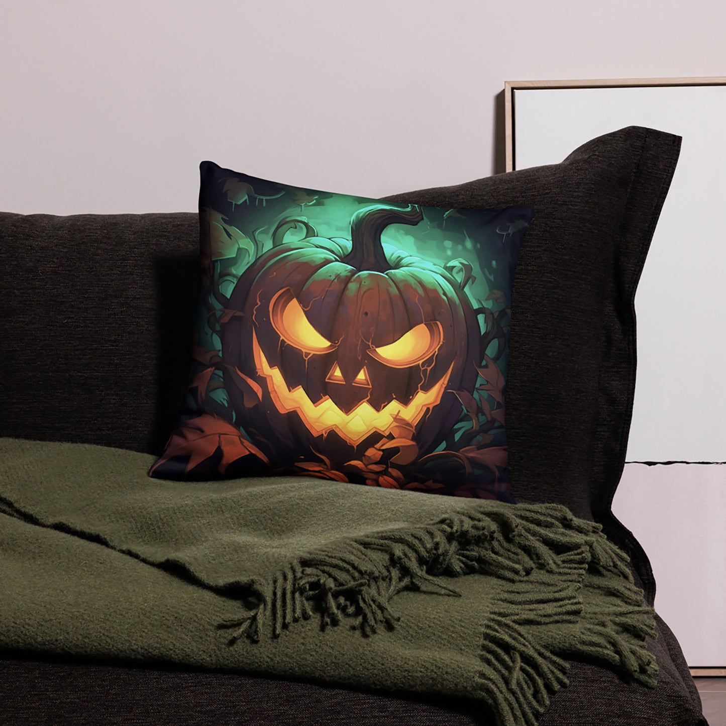 Halloween Throw Pillow Vibrant Jack O'Lantern Grin Polyester Decorative Cushion 18x18