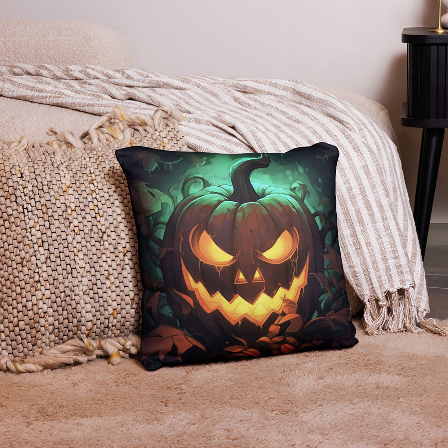 Halloween Throw Pillow Vibrant Jack O'Lantern Grin Polyester Decorative Cushion 18x18