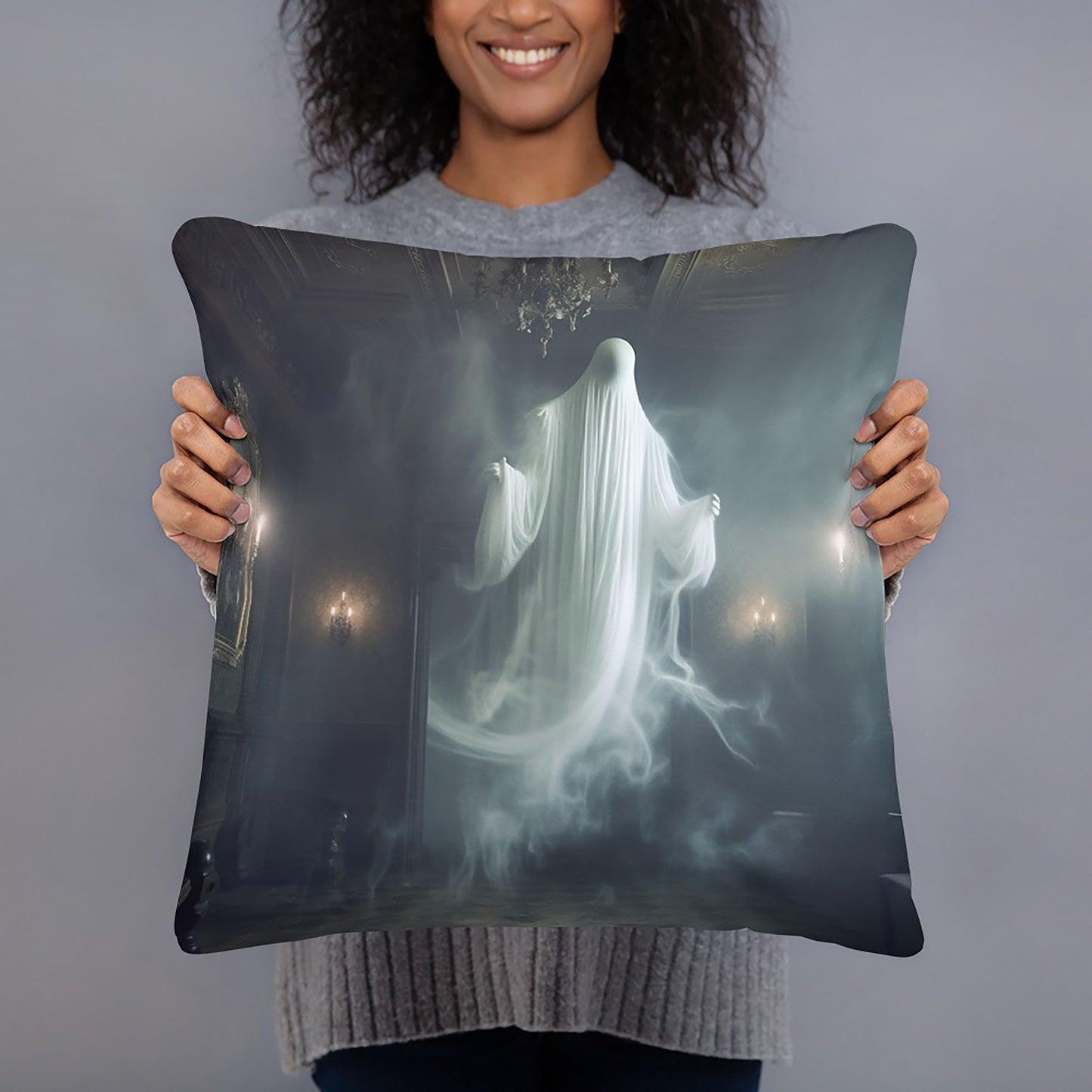 Halloween Throw Pillow Ethereal Ghost Mansion Polyester Decorative Cushion 18x18