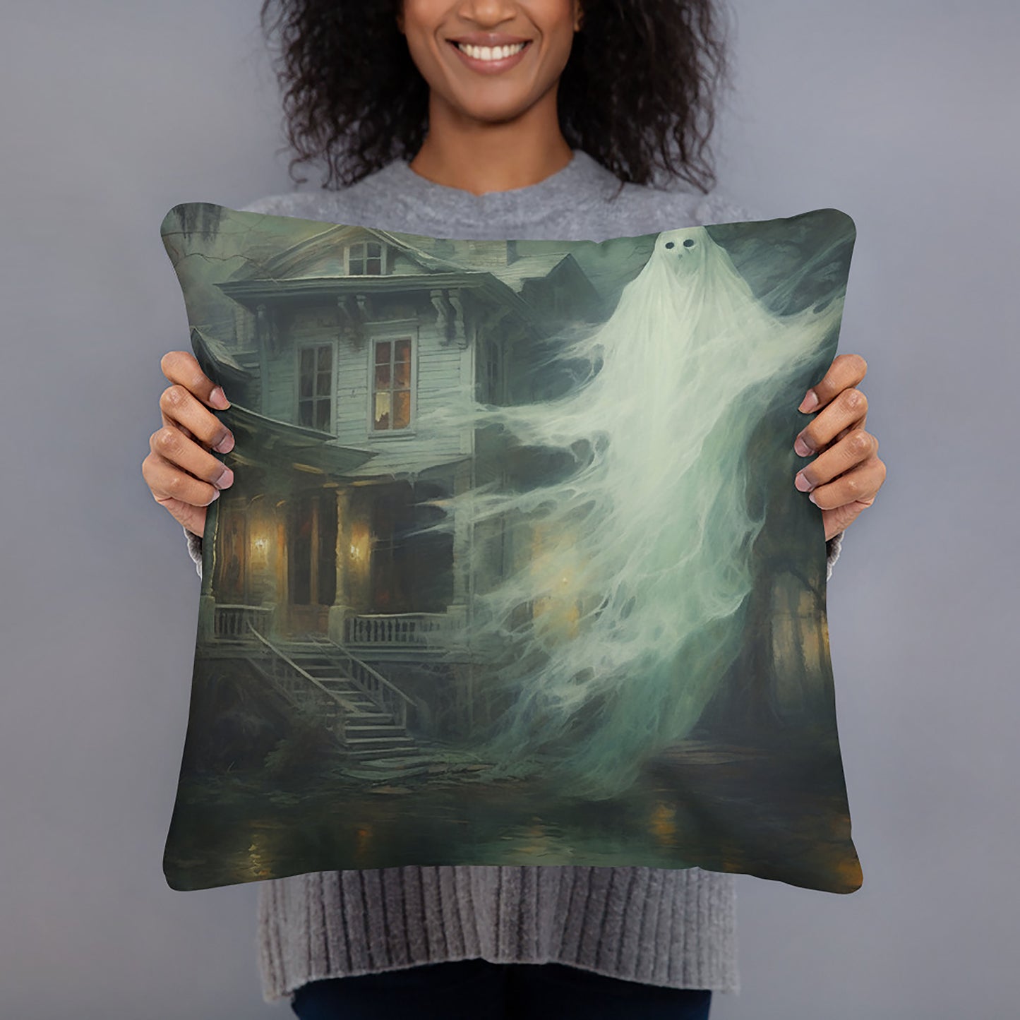 Halloween Throw Pillow Hauntingly Beautiful Ghost House Polyester Decorative Cushion 18x18