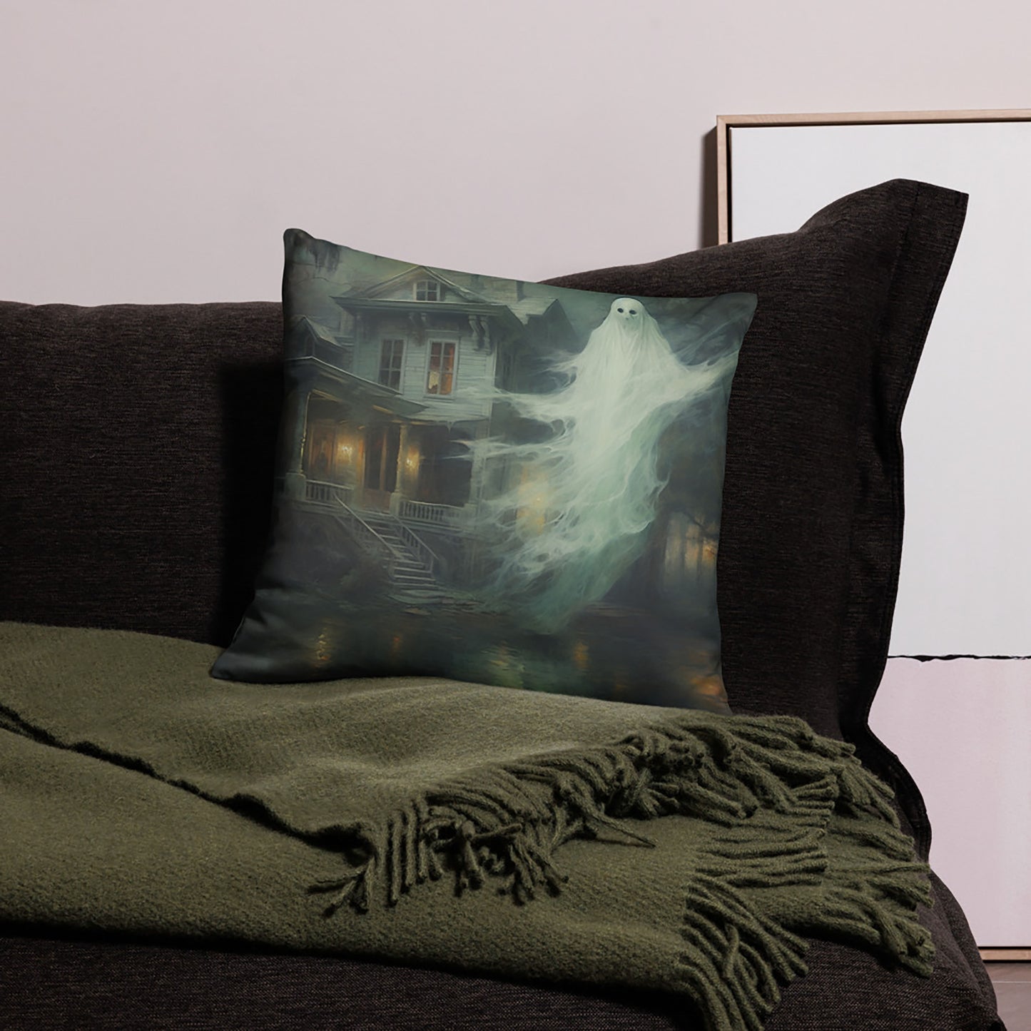 Halloween Throw Pillow Hauntingly Beautiful Ghost House Polyester Decorative Cushion 18x18