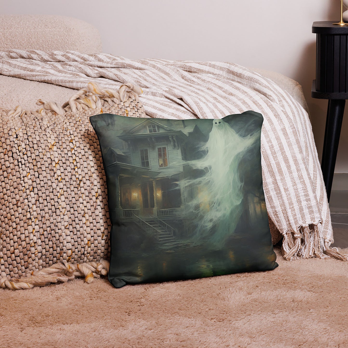Halloween Throw Pillow Hauntingly Beautiful Ghost House Polyester Decorative Cushion 18x18