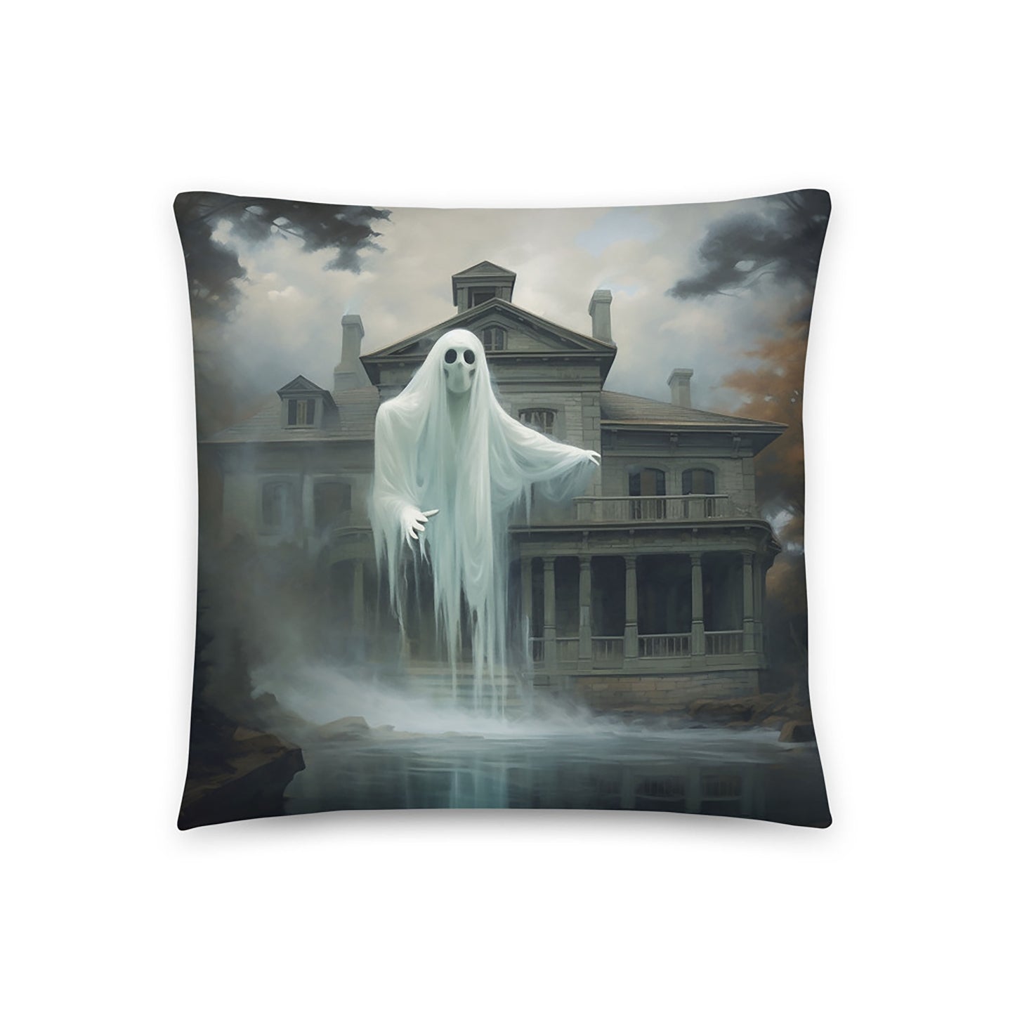 Halloween Throw Pillow Waterfront Ghost Mansion Polyester Decorative Cushion 18x18