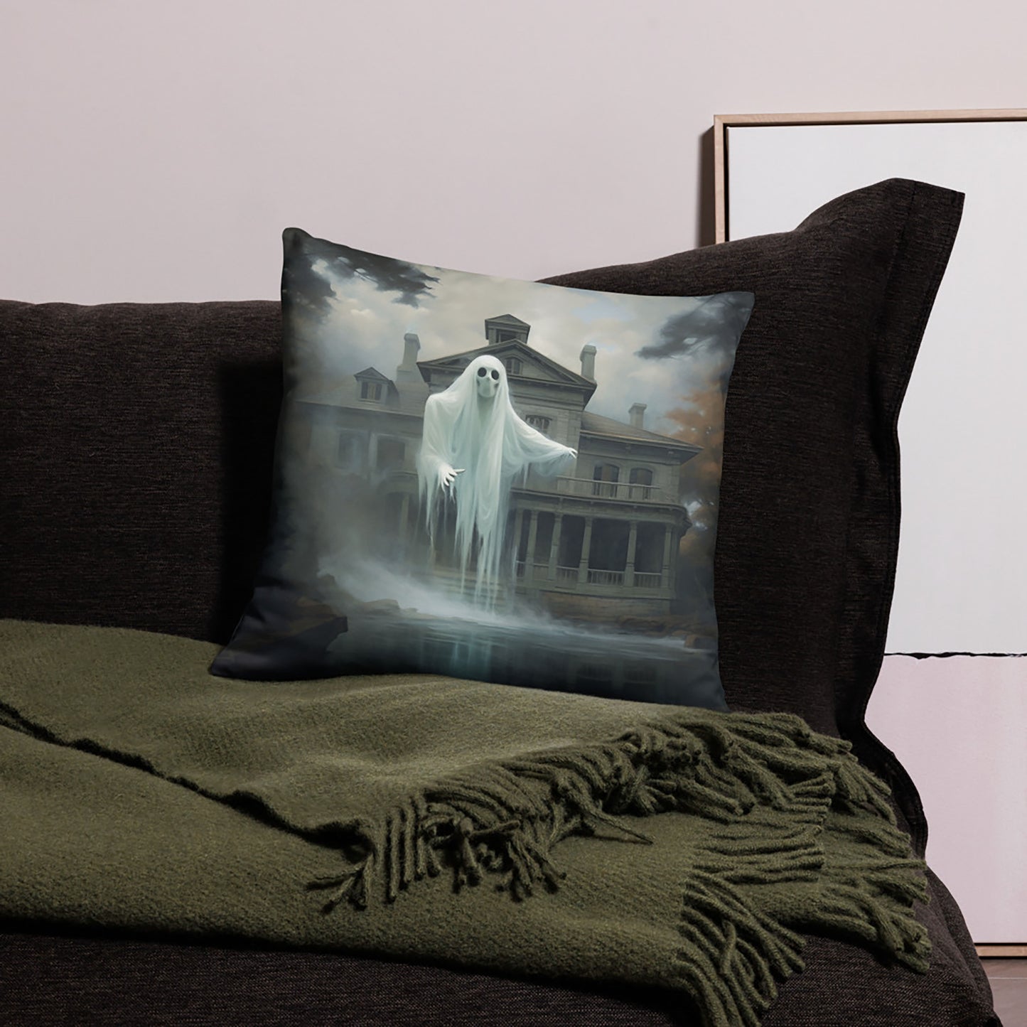 Halloween Throw Pillow Waterfront Ghost Mansion Polyester Decorative Cushion 18x18