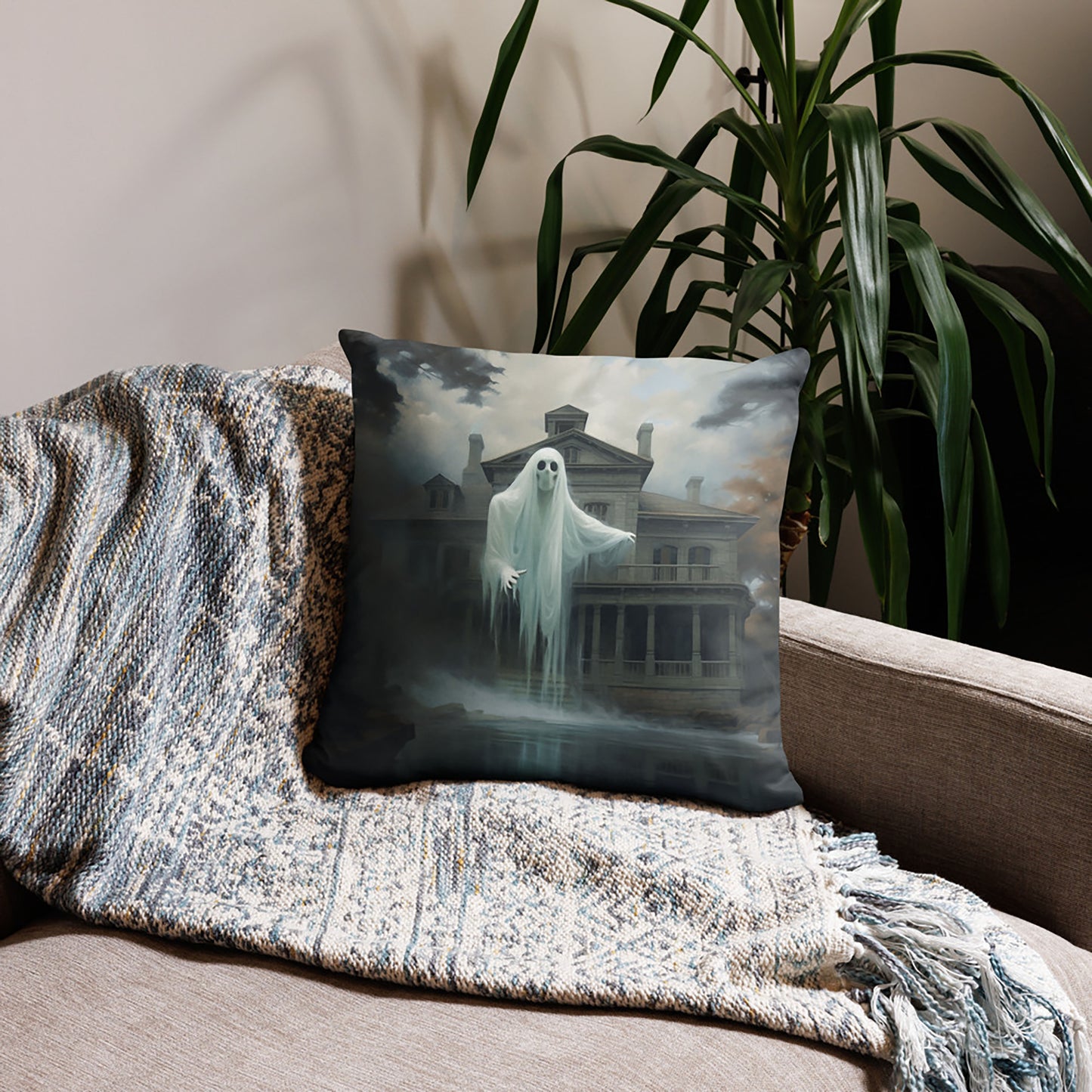 Halloween Throw Pillow Waterfront Ghost Mansion Polyester Decorative Cushion 18x18