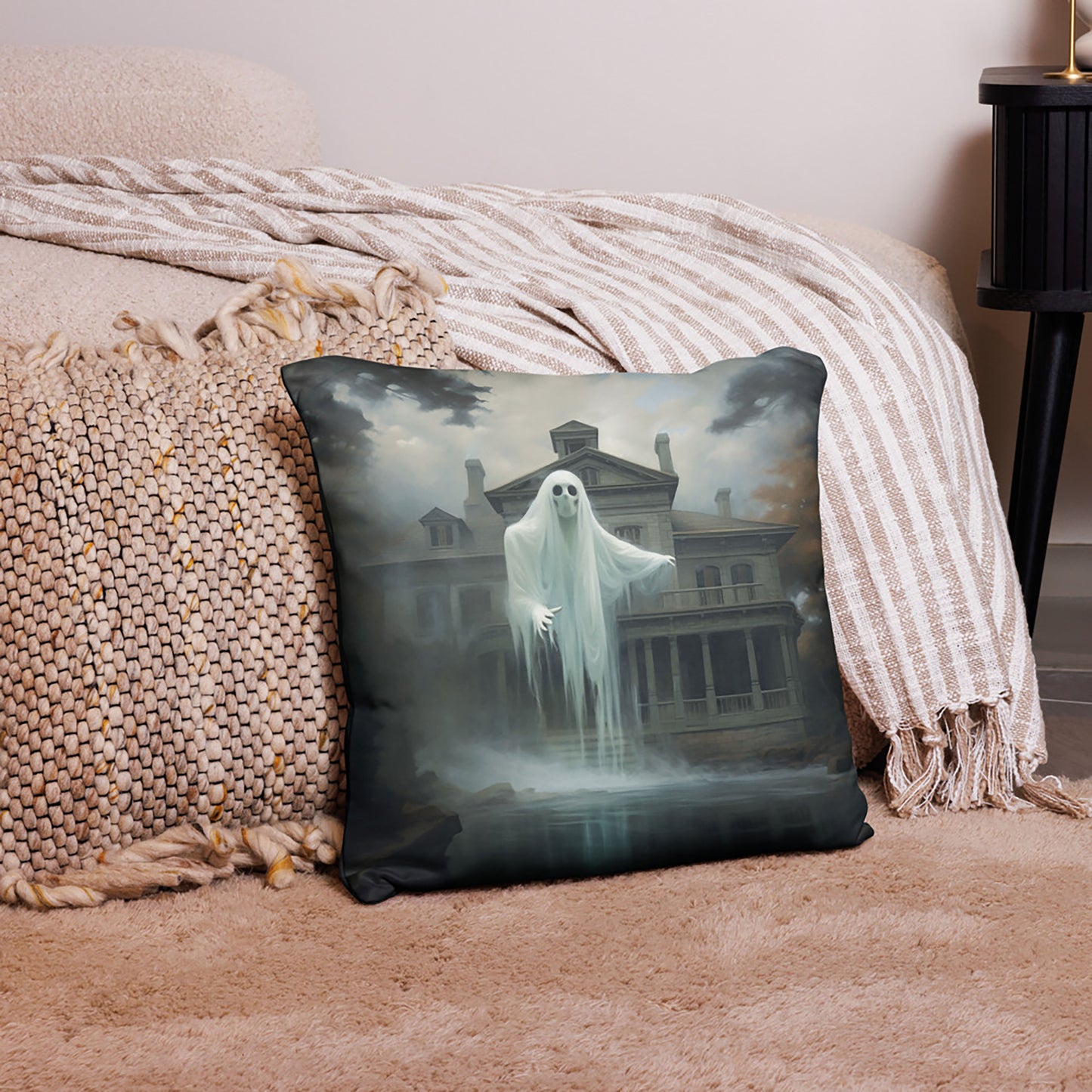 Halloween Throw Pillow Waterfront Ghost Mansion Polyester Decorative Cushion 18x18