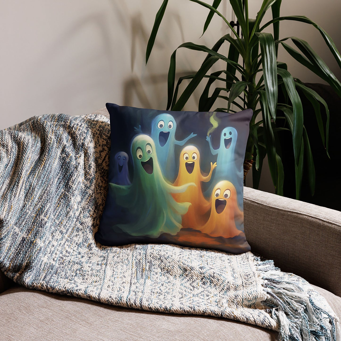 Halloween Throw Pillow Playful Mischief Ghosts Polyester Decorative Cushion 18x18