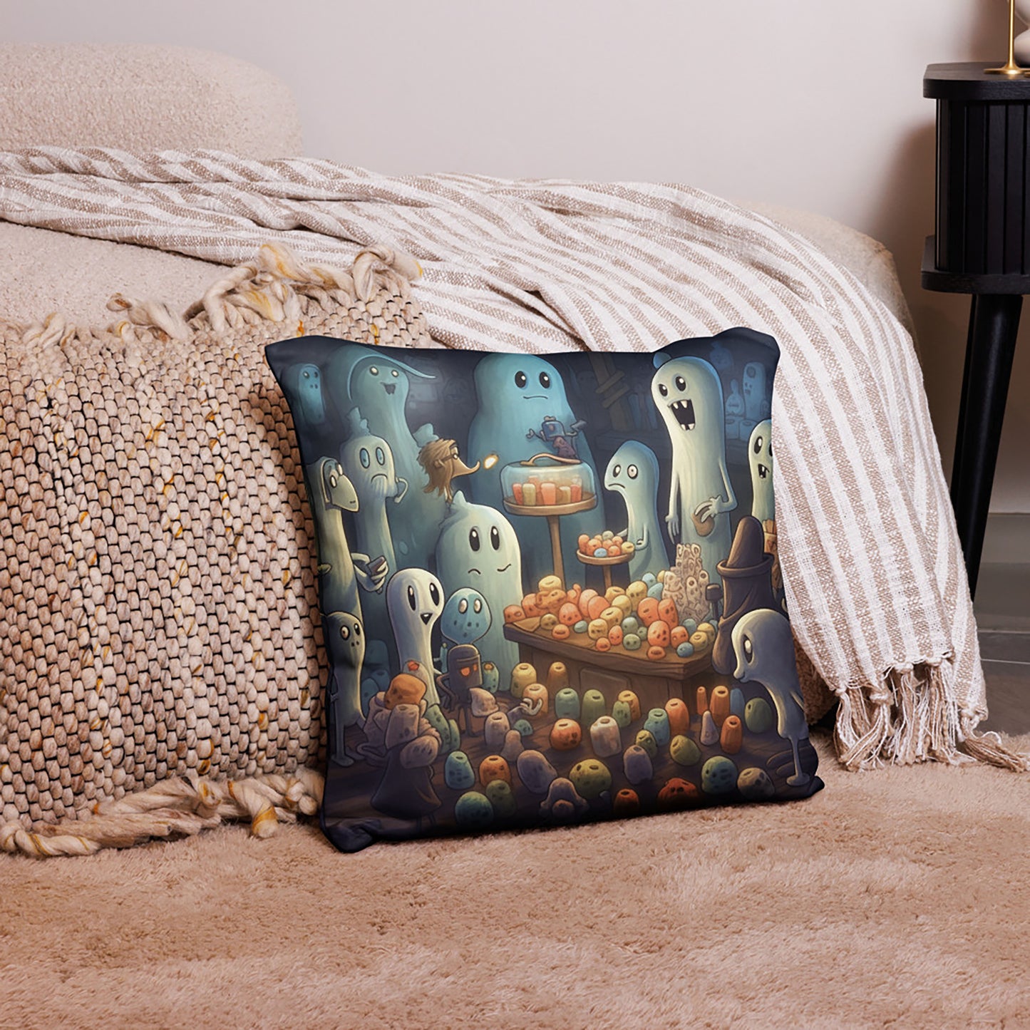 Halloween Throw Pillow Ghostly Shopkeepers Polyester Decorative Cushion 18x18