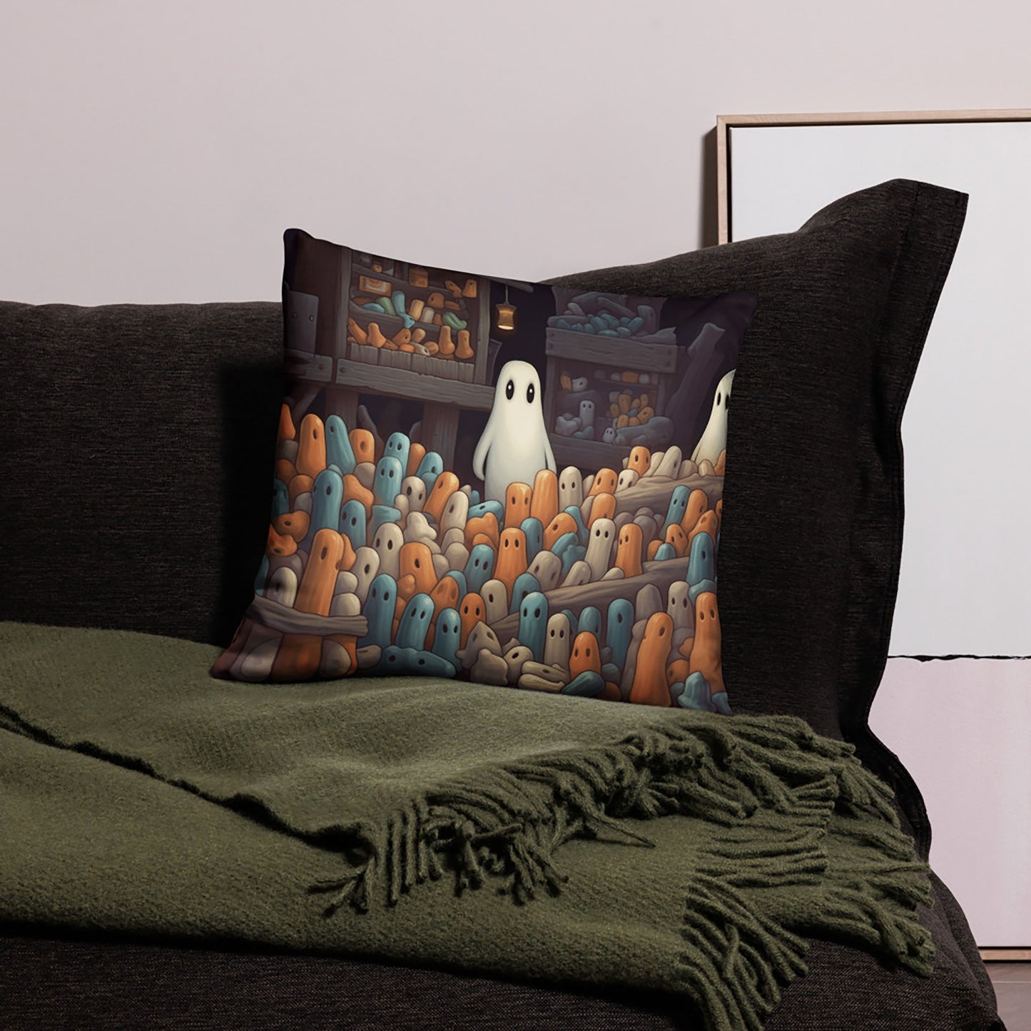 Halloween Throw Pillow Ghosts and Toy Sculptures Polyester Decorative Cushion 18x18