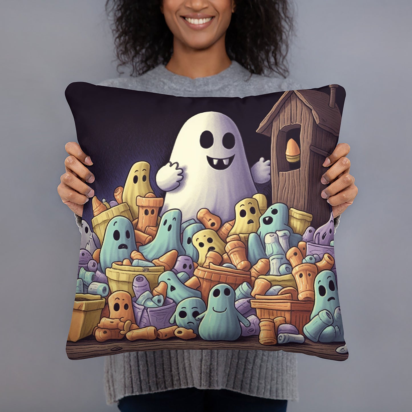 Halloween Throw Pillow Ghostly Candy Feast Polyester Decorative Cushion 18x18