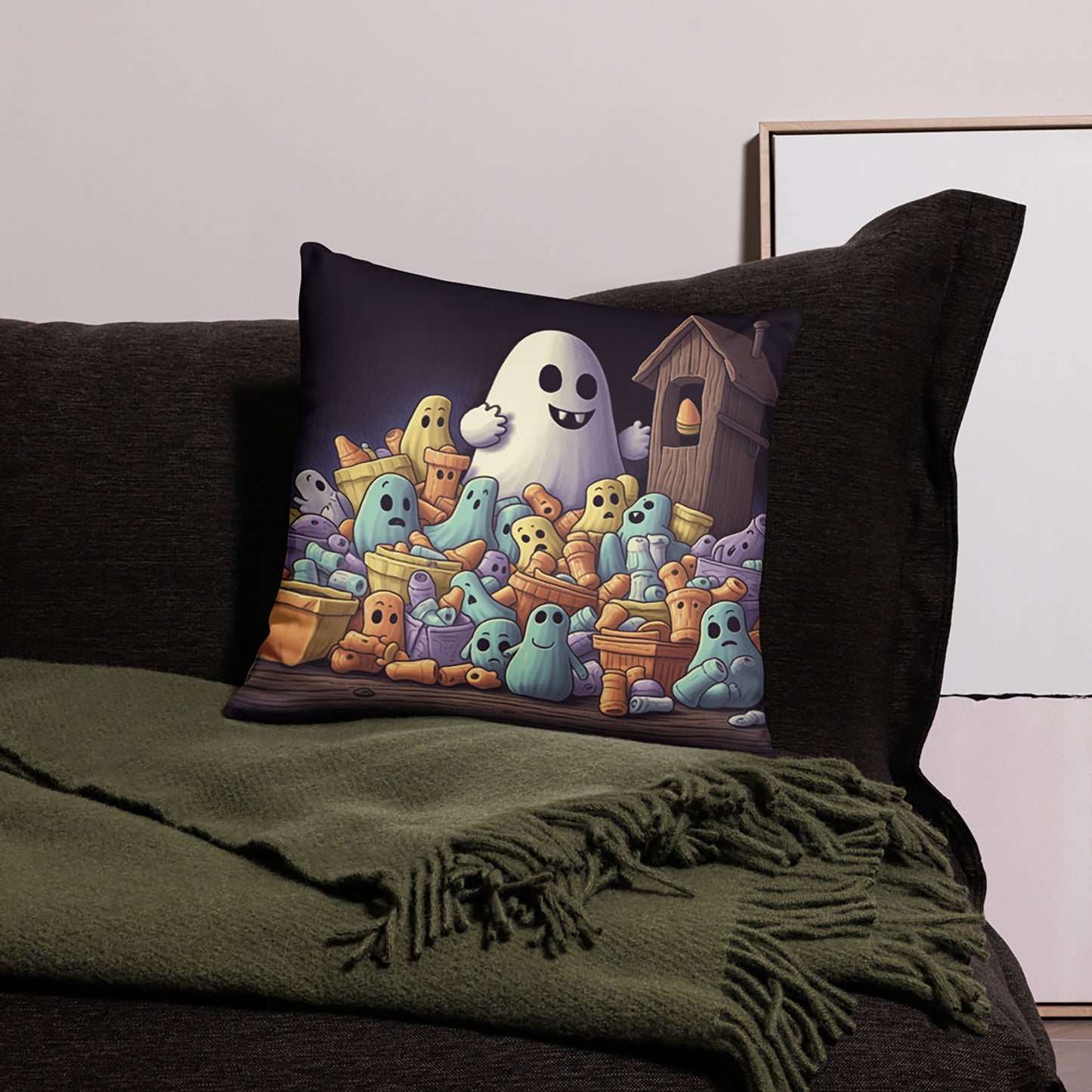 Halloween Throw Pillow Ghostly Candy Feast Polyester Decorative Cushion 18x18