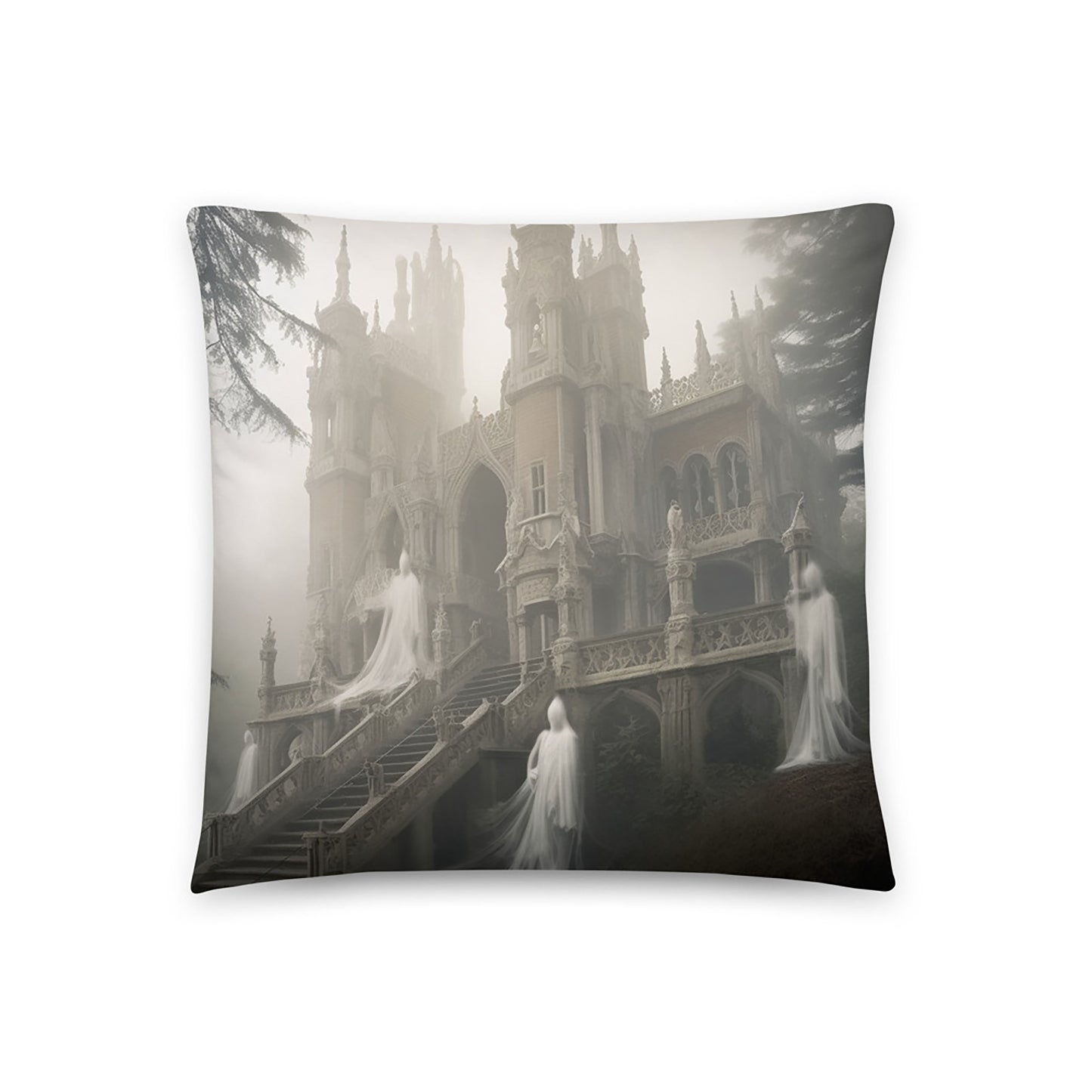 Halloween Throw Pillow Gothic Ghosts and Castle Mist Polyester Decorative Cushion 18x18