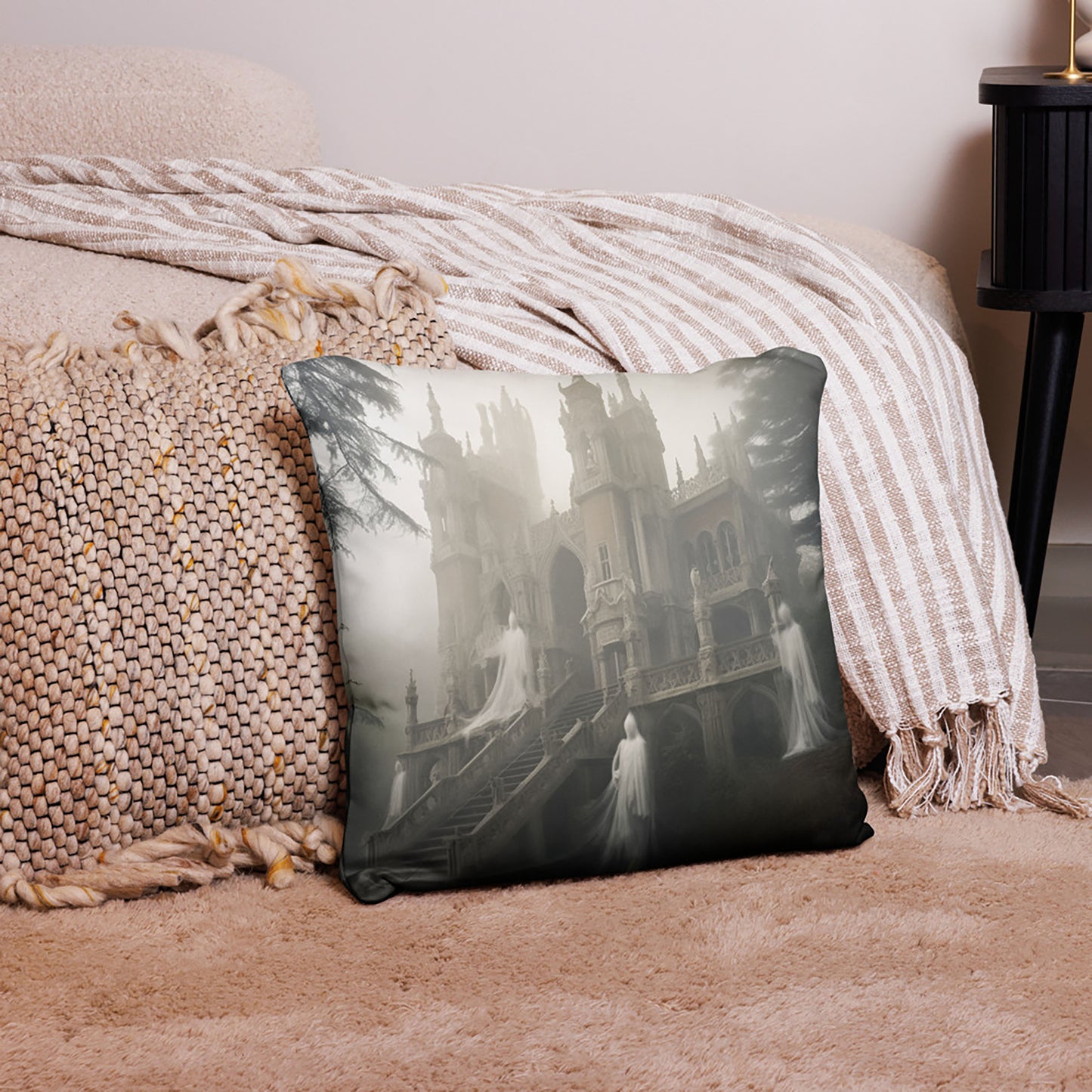 Halloween Throw Pillow Gothic Ghosts and Castle Mist Polyester Decorative Cushion 18x18