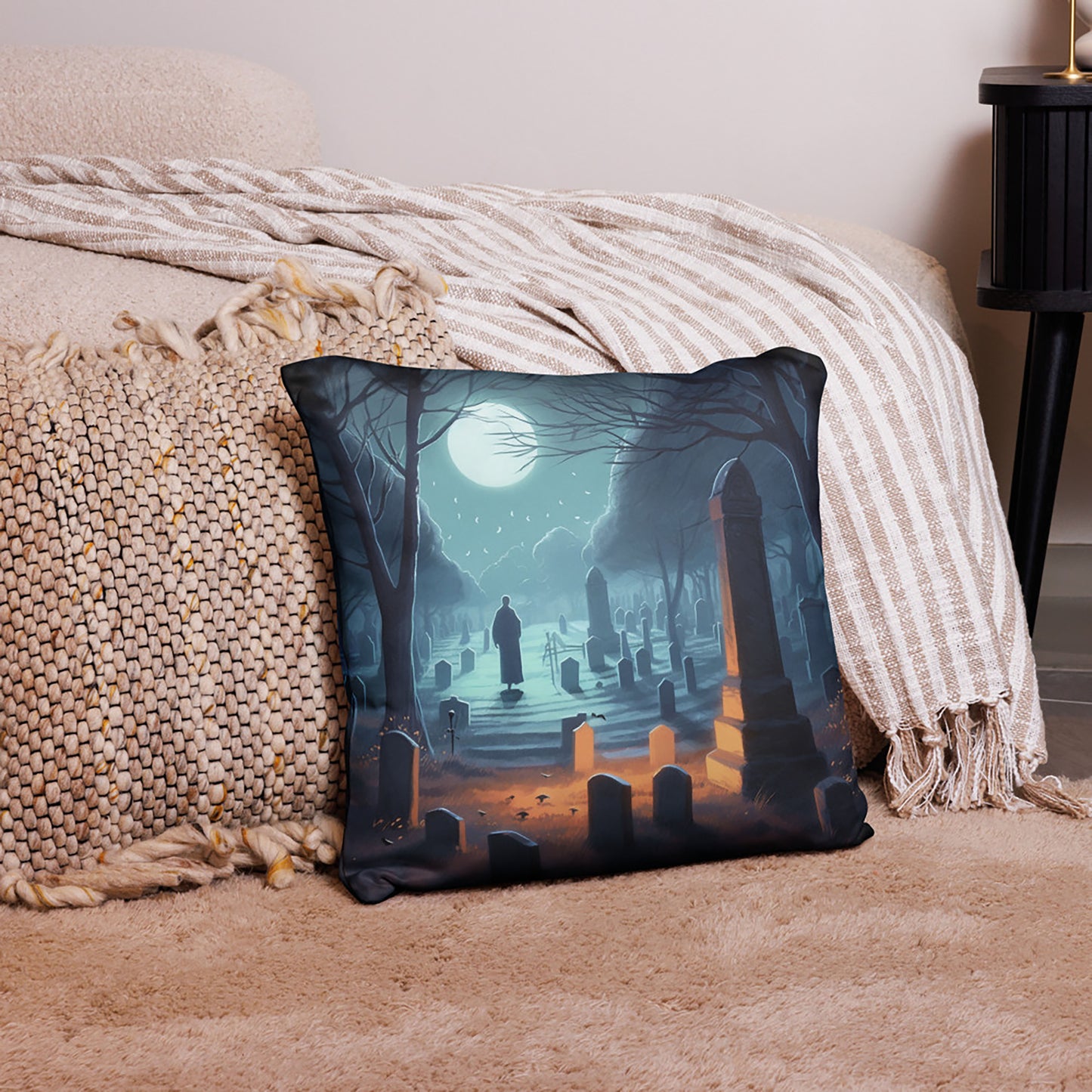 Halloween Throw Pillow Haunted Cemetery Polyester Decorative Cushion 18x18