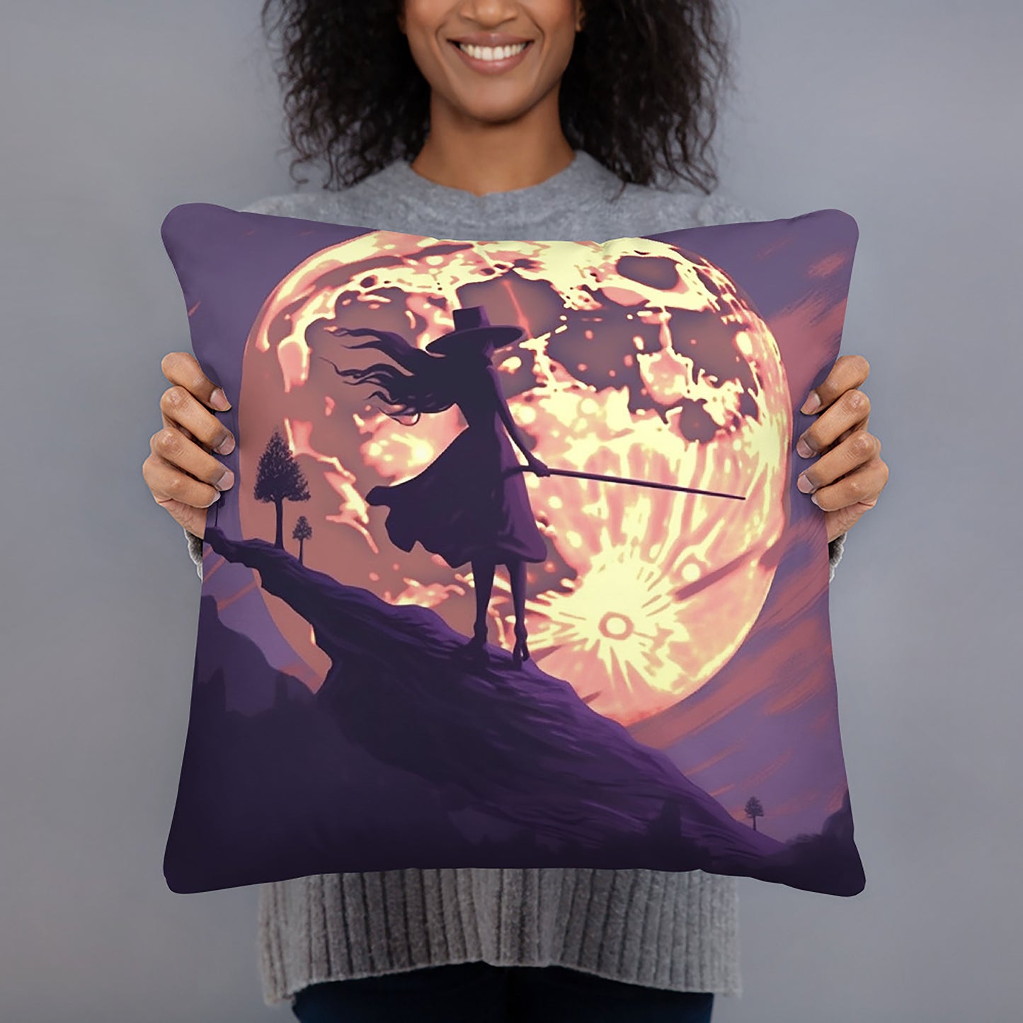 Halloween Throw Pillow Mystical Moonlit Witch Polyester Decorative Cushion 18x18