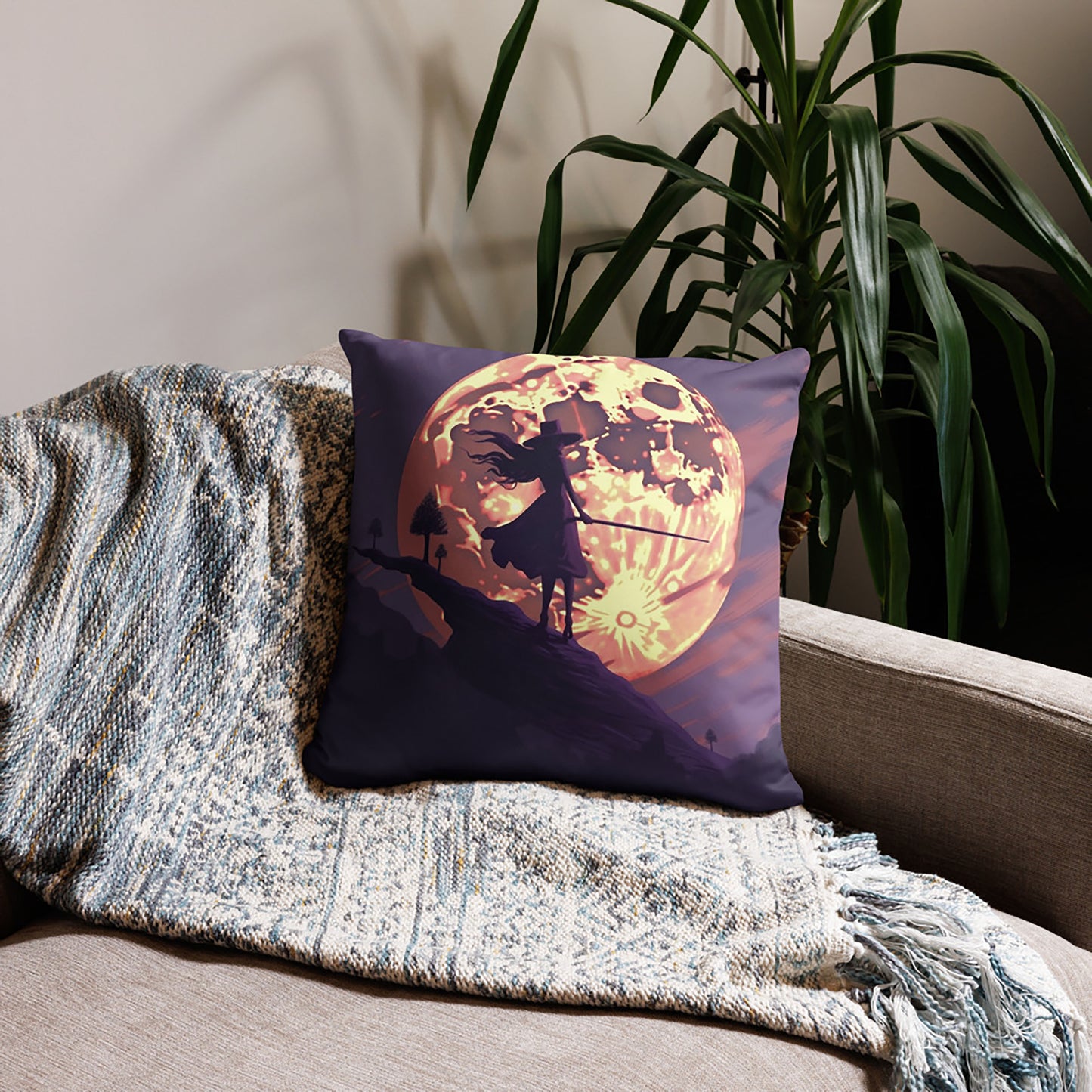 Halloween Throw Pillow Mystical Moonlit Witch Polyester Decorative Cushion 18x18