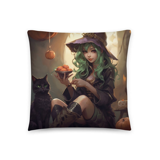 Halloween Throw Pillow Witch Girl and Cat Anime Polyester Decorative Cushion 18x18