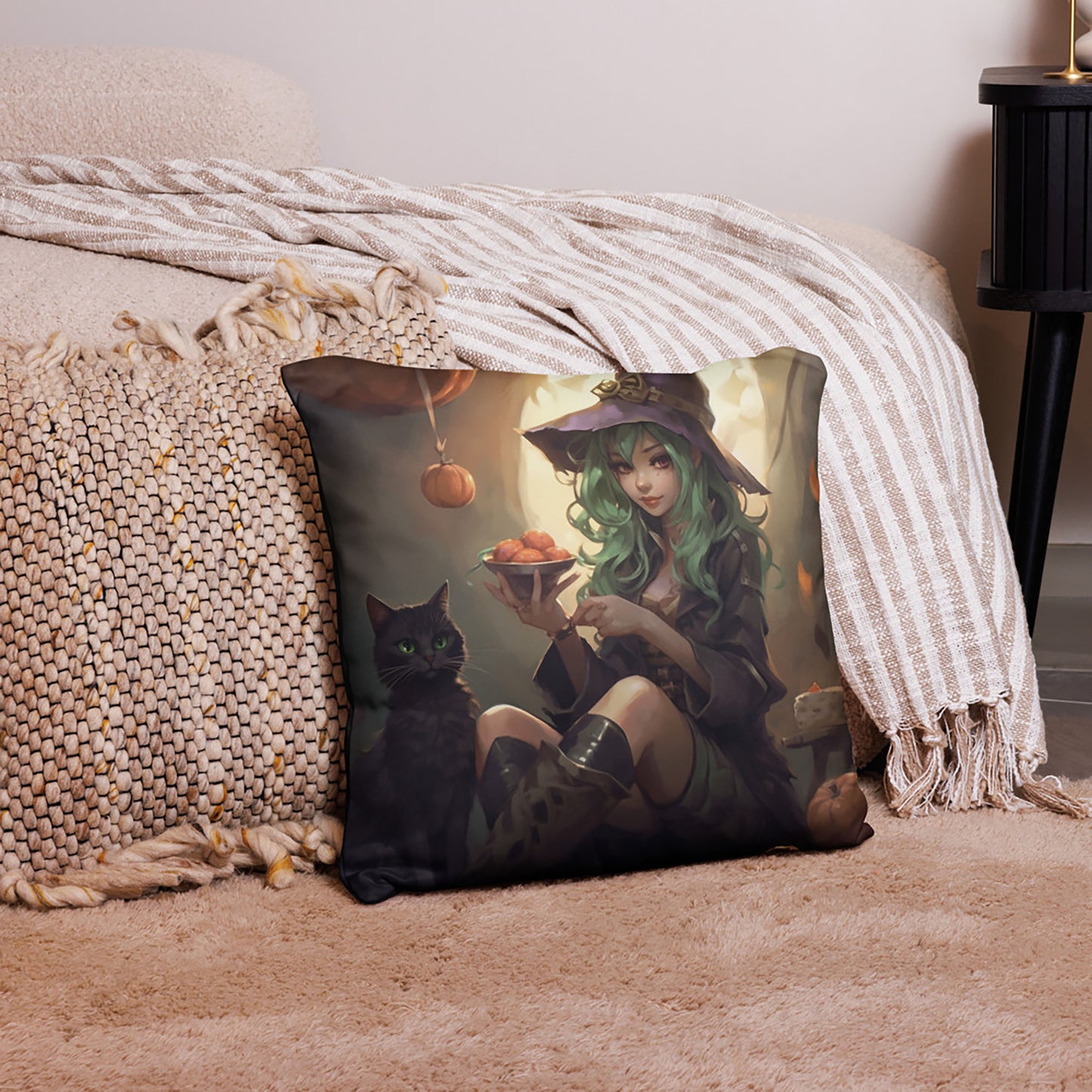 Halloween Throw Pillow Witch Girl and Cat Anime Polyester Decorative Cushion 18x18