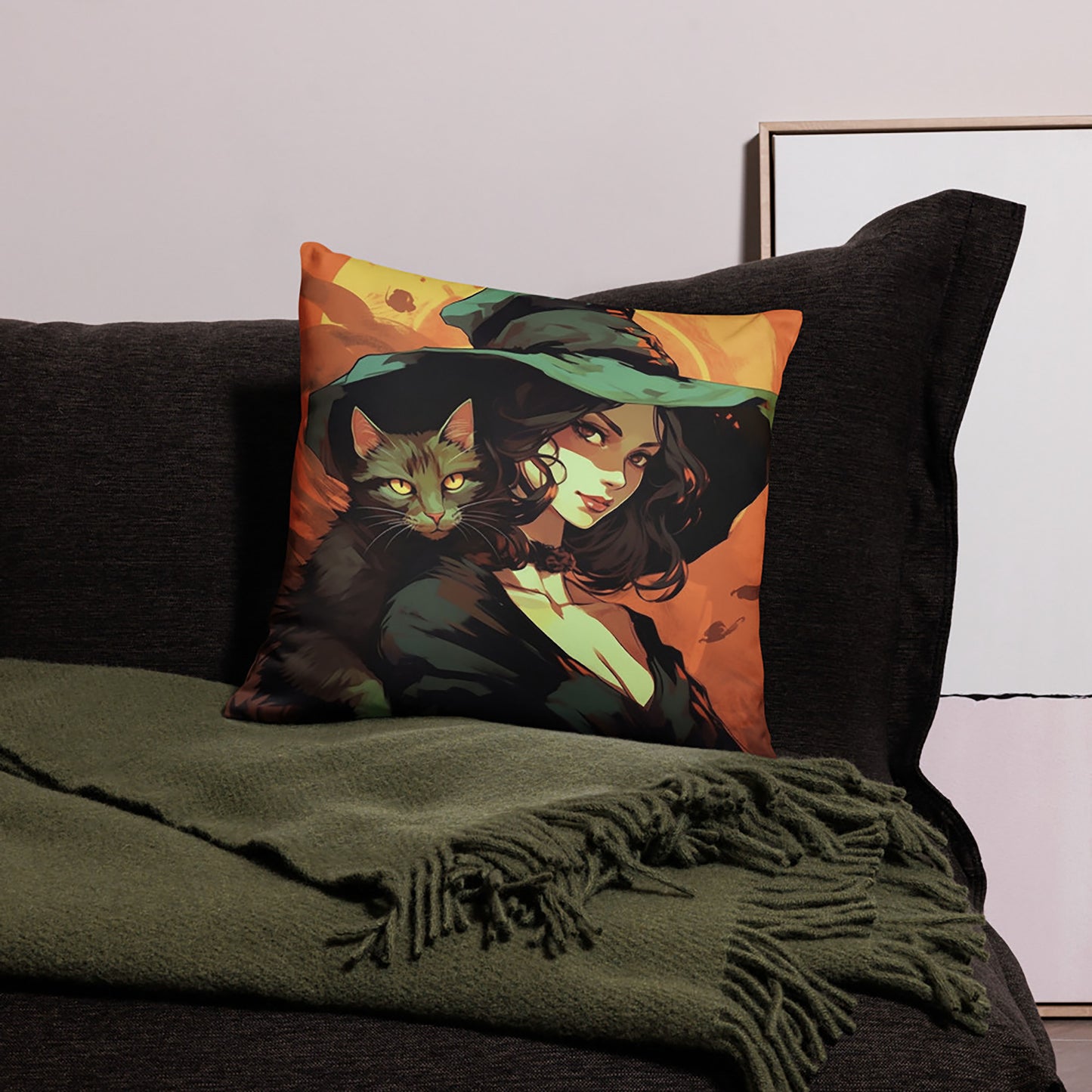 Halloween Throw Pillow Witch and Cat Art Polyester Decorative Cushion 18x18