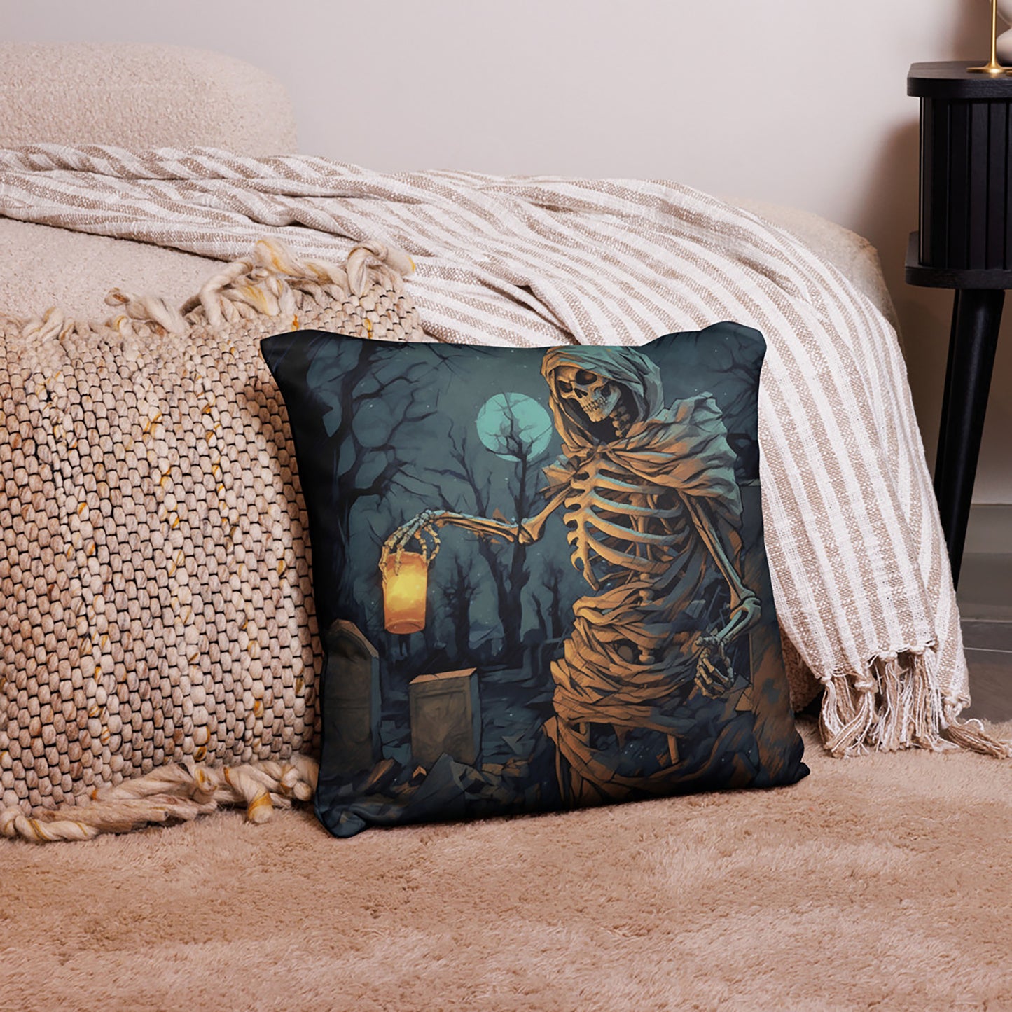 Halloween Throw Pillow Glaring Skeleton Graveyard Lantern Polyester Decorative Cushion 18x18