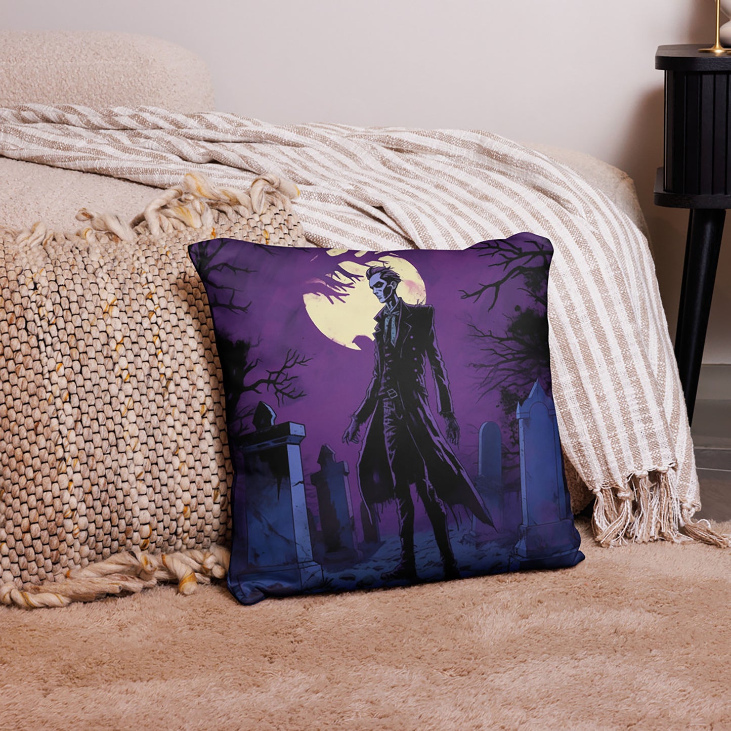 Halloween Throw Pillow Full Moon Vampire in Graveyard Polyester Decorative Cushion 18x18