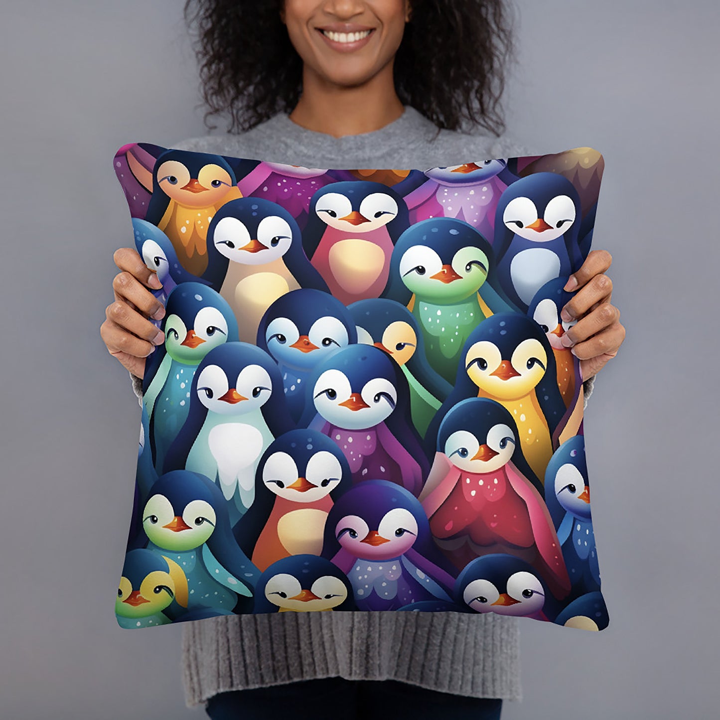 Bird Throw Pillow Vibrant Penguin Pattern Polyester Decorative Cushion 18x18