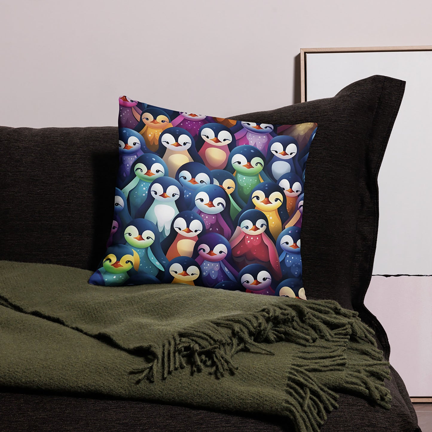 Bird Throw Pillow Vibrant Penguin Pattern Polyester Decorative Cushion 18x18
