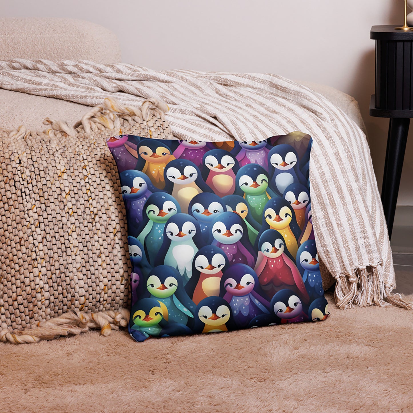 Bird Throw Pillow Vibrant Penguin Pattern Polyester Decorative Cushion 18x18