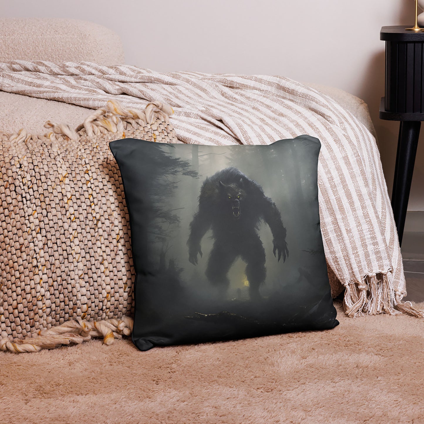 Halloween Throw Pillow Epic Portraiture of Foggy Day Werewolf Polyester Decorative Cushion 18x18