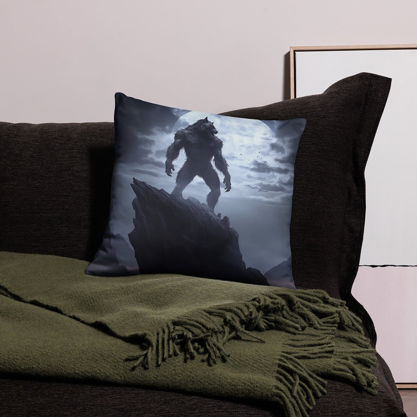 Halloween Throw Pillow Iconic Full Moon Werewolf Cliffside Polyester Decorative Cushion 18x18