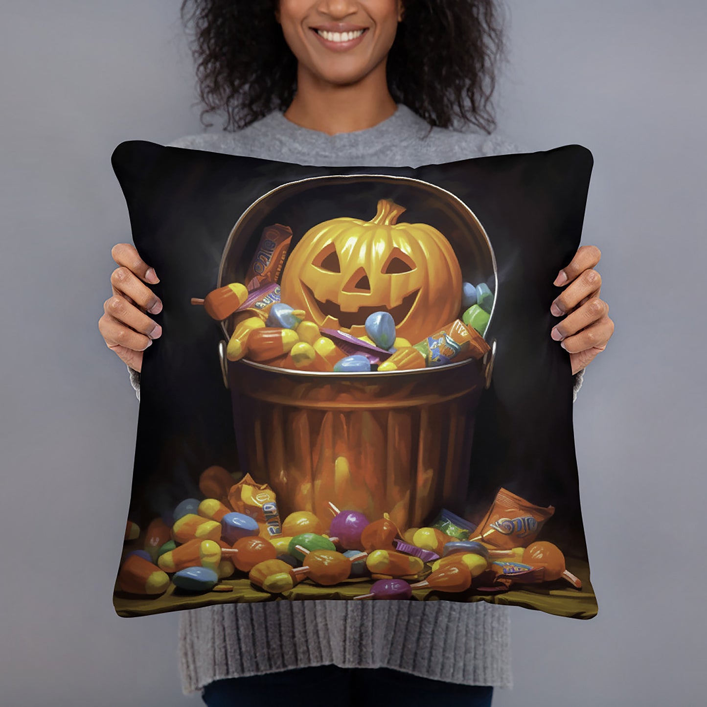Halloween Throw Pillow Vibrant Halloween Candy Cornucopia Polyester Decorative Cushion 18x18