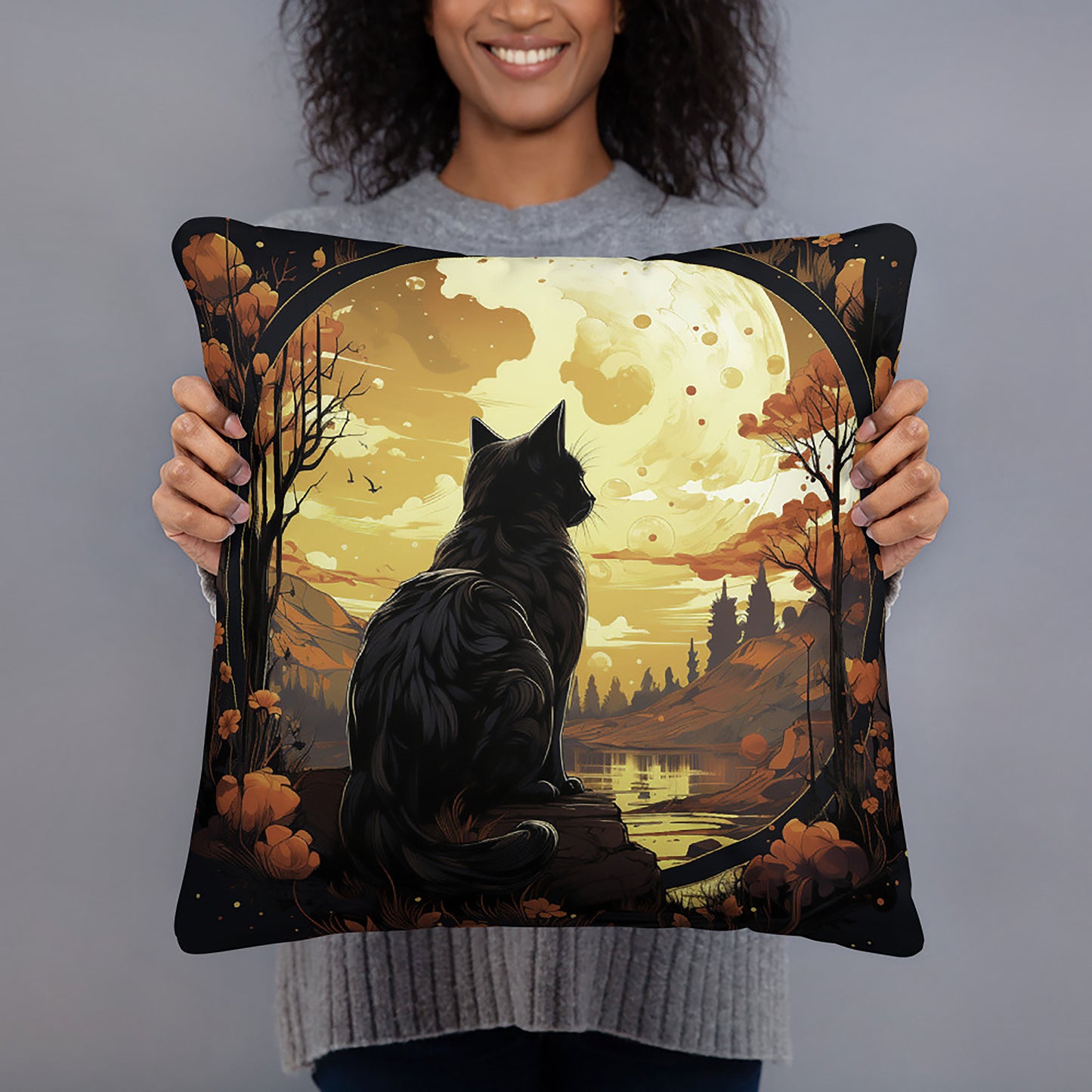 Halloween Throw Pillow Moon Watcher Black Cat Wilderness Polyester Decorative Cushion 18x18