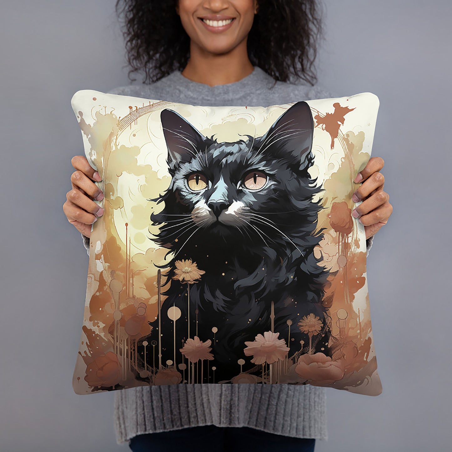Halloween Throw Pillow Feline Blossom Vibrant Black Cat Portrait Polyester Decorative Cushion 18x18