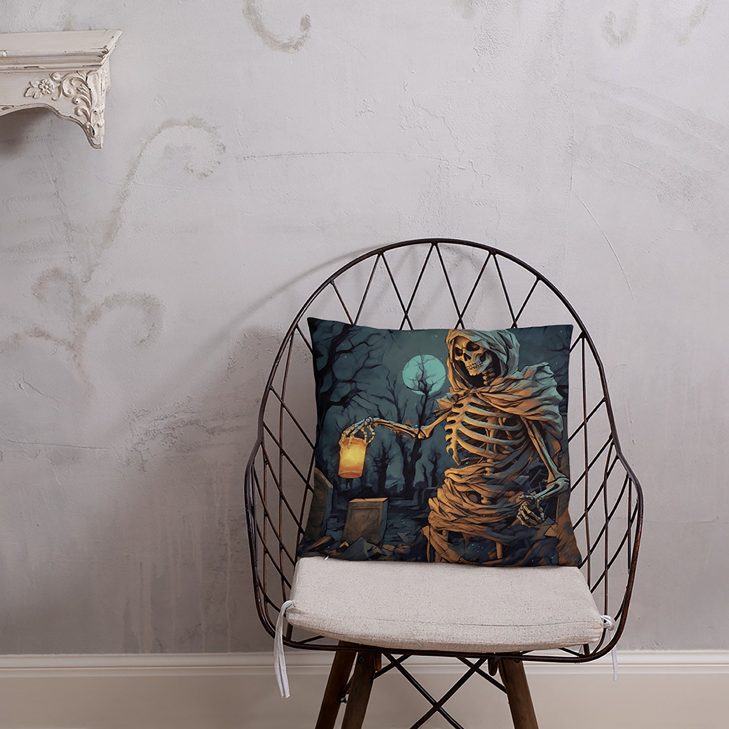 Halloween Throw Pillow Glaring Skeleton Graveyard Lantern Polyester Decorative Cushion 18x18