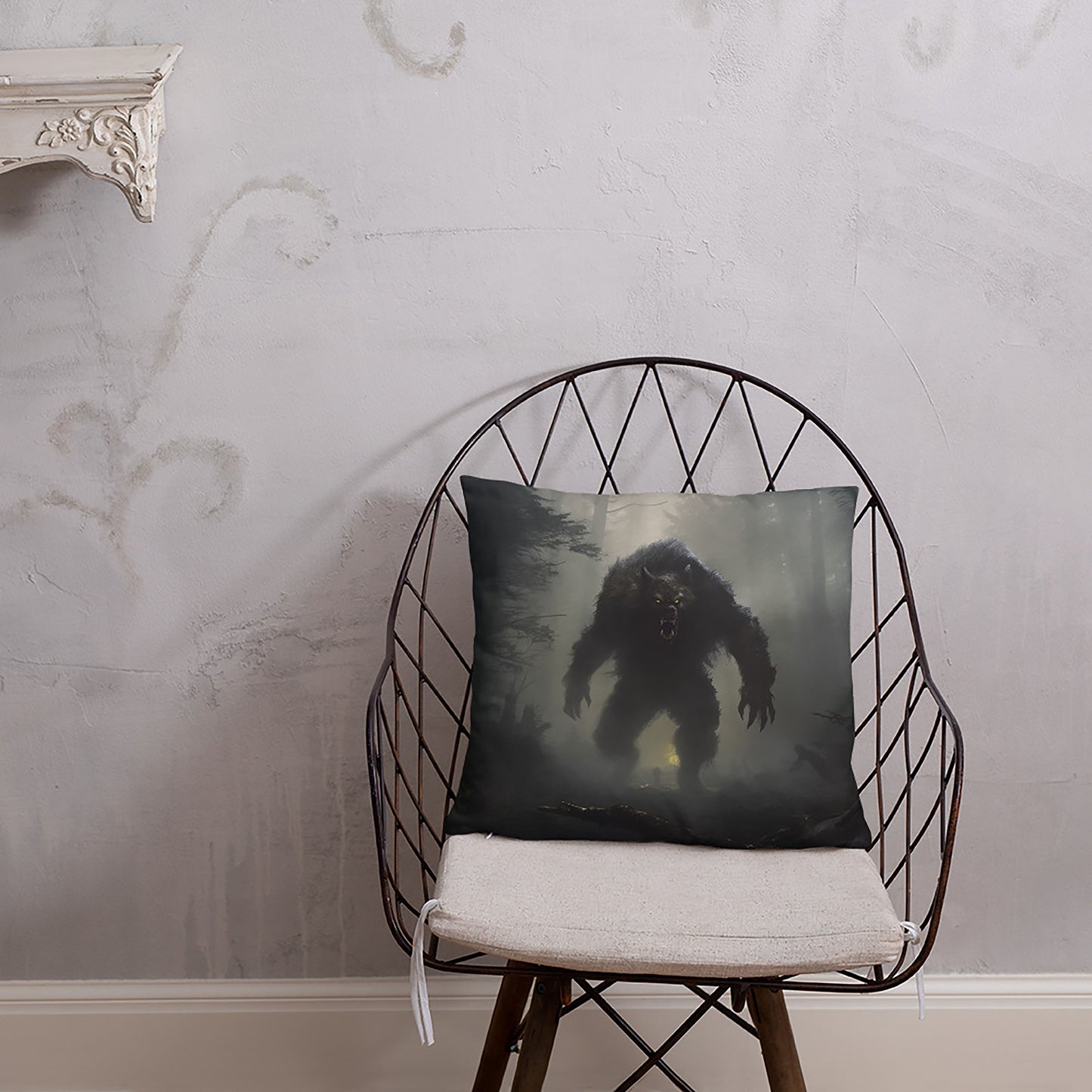 Halloween Throw Pillow Epic Portraiture of Foggy Day Werewolf Polyester Decorative Cushion 18x18