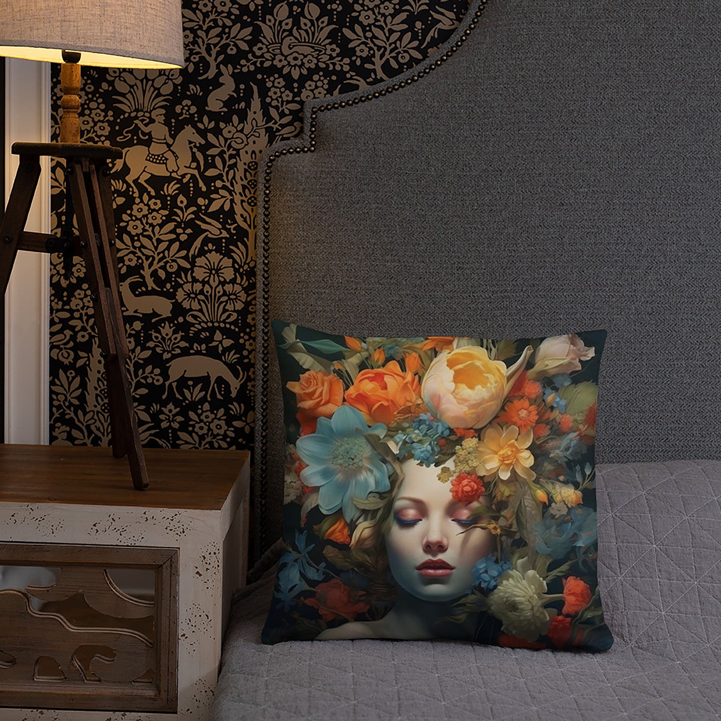 Floral Throw Pillow Female Muse Artistic Polyester Decorative Cushion 18x18