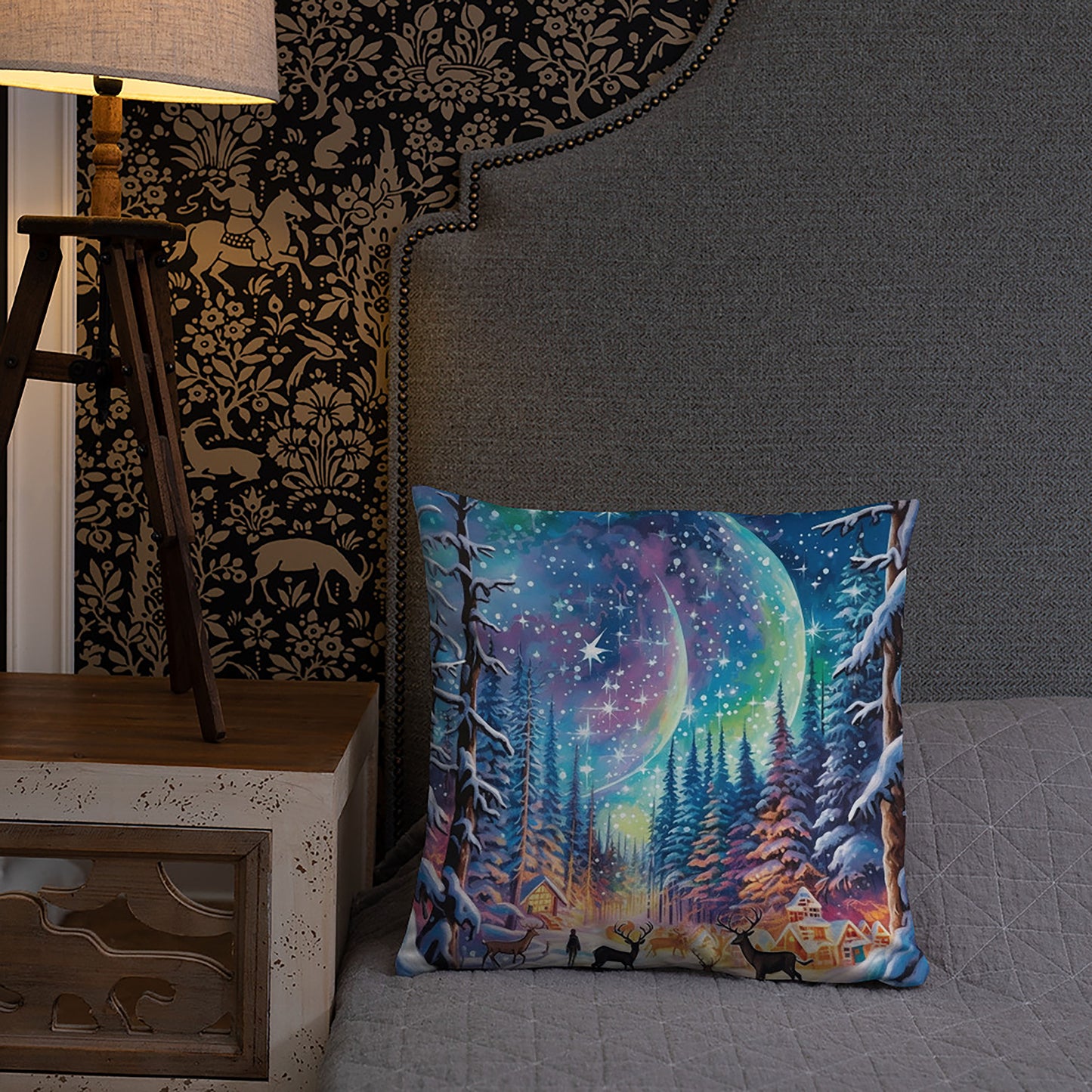 Christmas Throw Pillow Winter's Dream Northern Lights Polyester Decorative Cushion 18x18