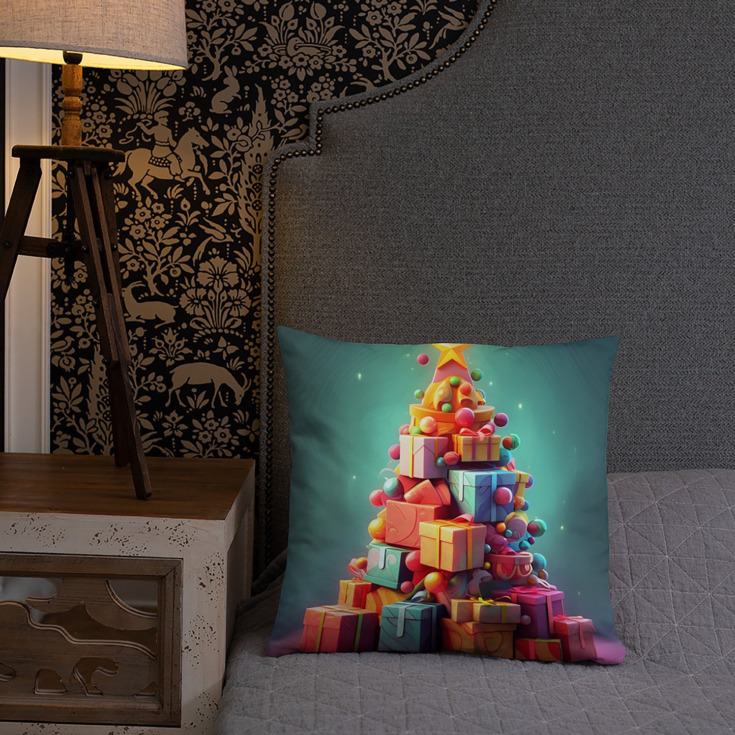 Christmas Throw Pillow Festive Gift Tower Plush Polyester Decorative Cushion 18x18
