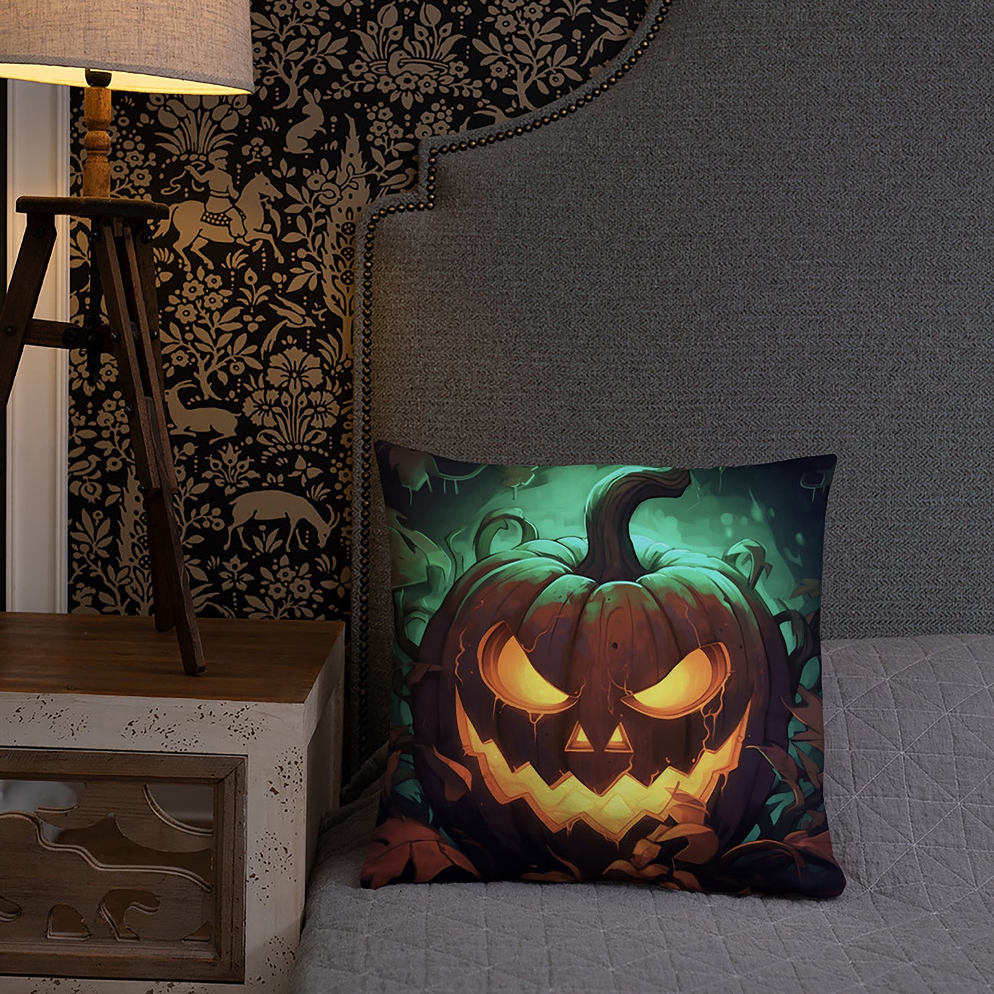 Halloween Throw Pillow Vibrant Jack O'Lantern Grin Polyester Decorative Cushion 18x18