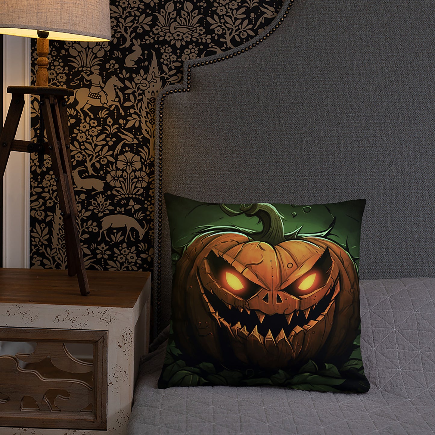 Halloween Throw Pillow Nightmarish Pumpkin Polyester Decorative Cushion 18x18