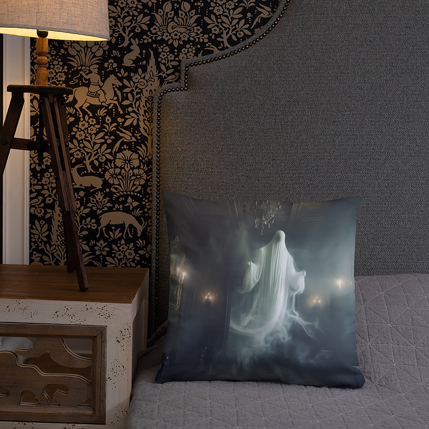 Halloween Throw Pillow Ethereal Ghost Mansion Polyester Decorative Cushion 18x18