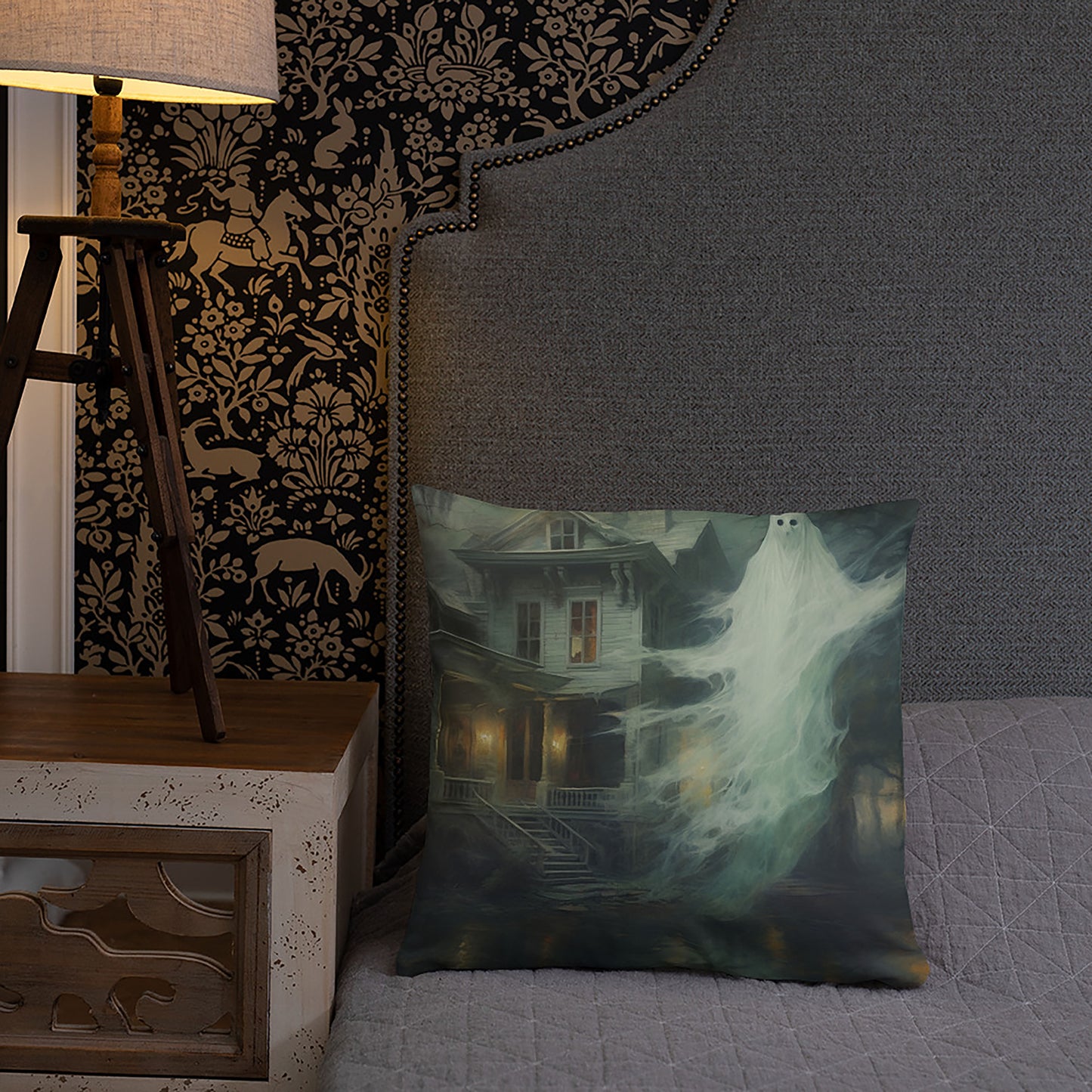 Halloween Throw Pillow Hauntingly Beautiful Ghost House Polyester Decorative Cushion 18x18