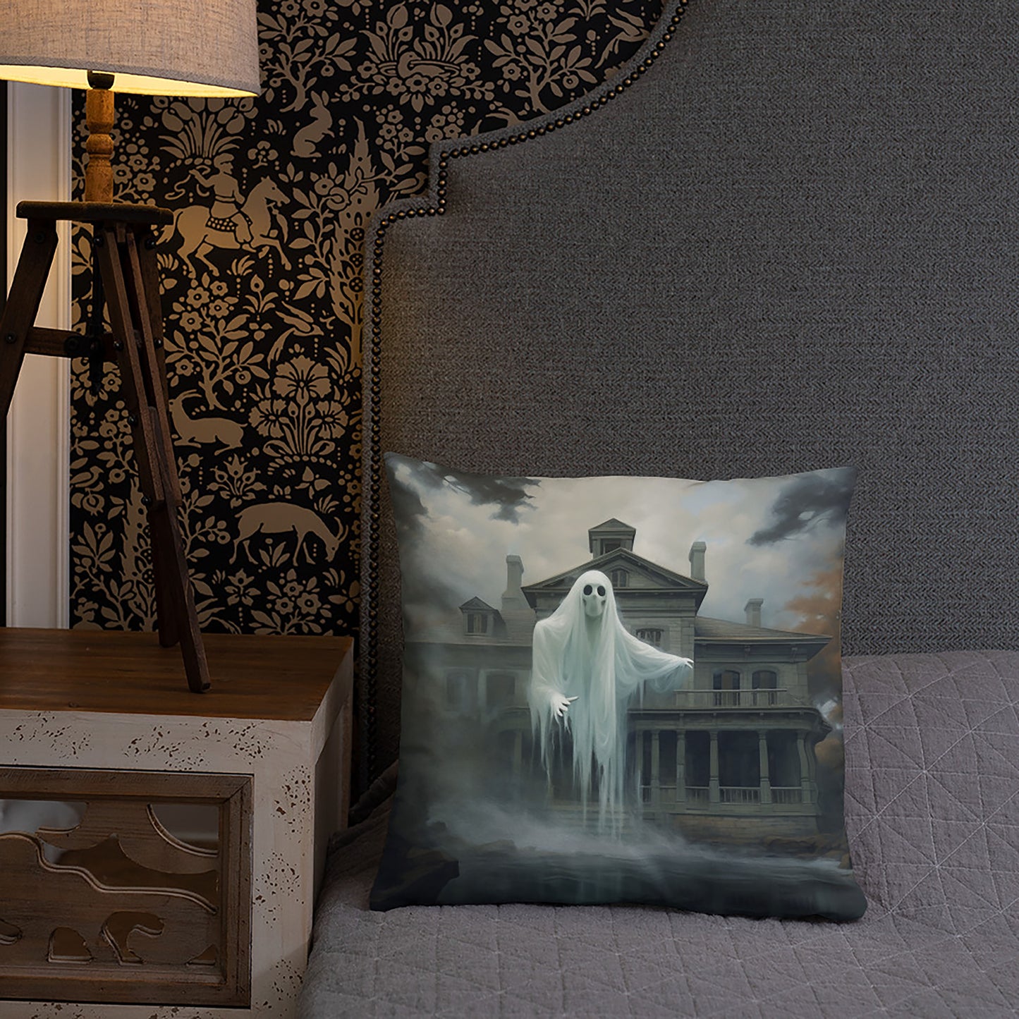 Halloween Throw Pillow Waterfront Ghost Mansion Polyester Decorative Cushion 18x18