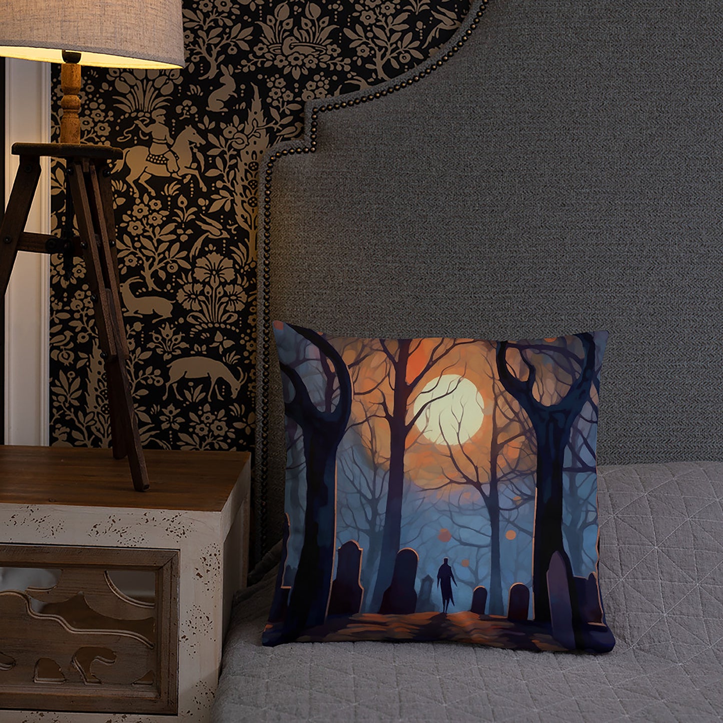Halloween Throw Pillow Cemetery Art Polyester Decorative Cushion 18x18