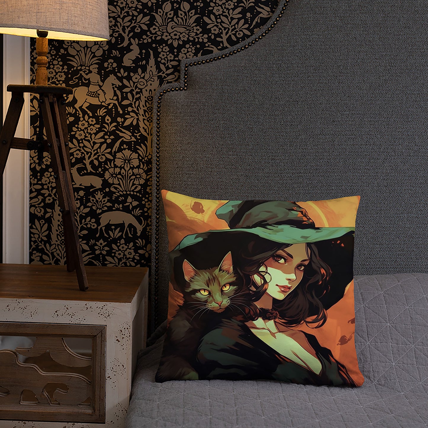 Halloween Throw Pillow Witch and Cat Art Polyester Decorative Cushion 18x18